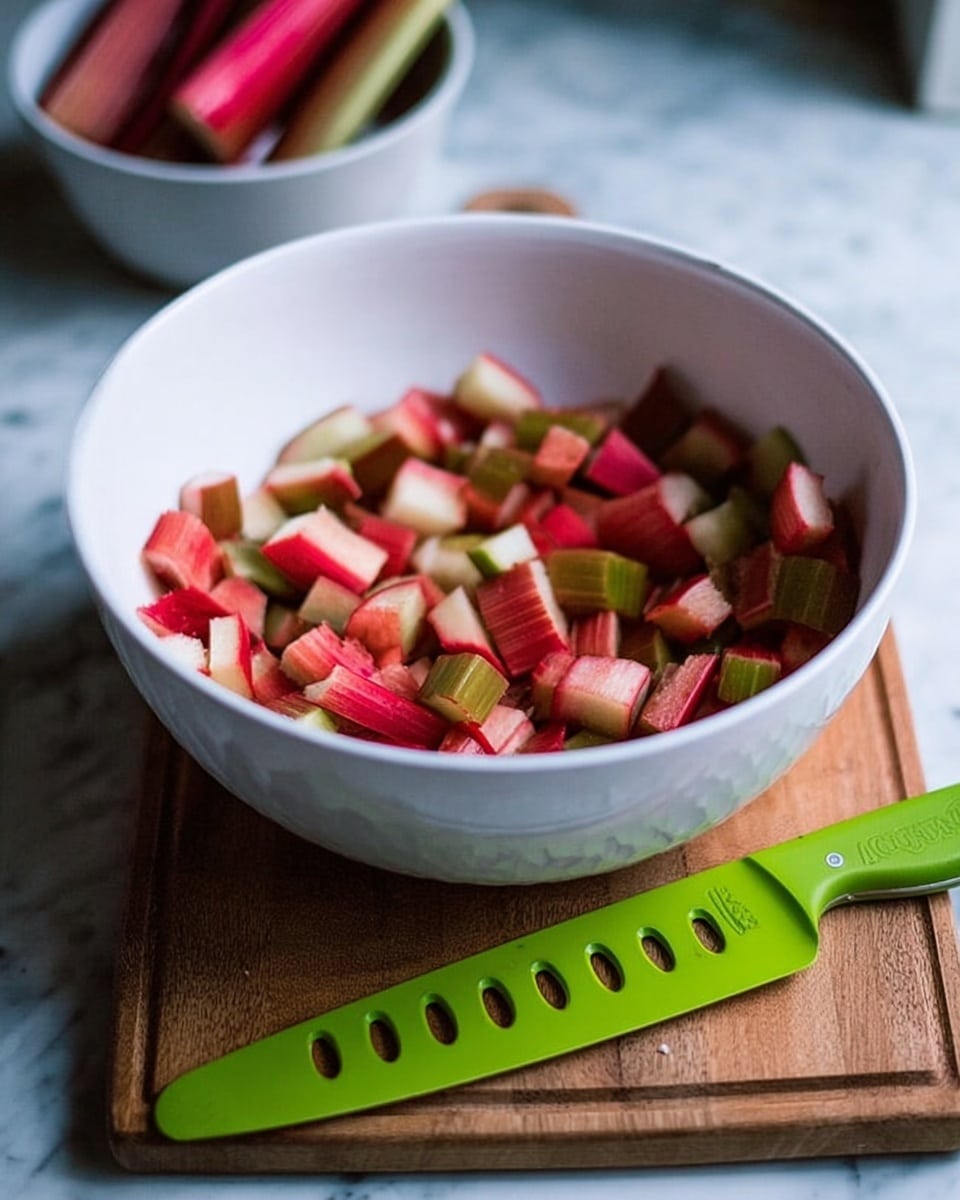 A white bowl filled with small pieces of red and green rhubarb sits on a wooden board. Next to the bowl is a green knife with holes in the blade, resting flat on the board. The background is a white marbled surface with a blurry second bowl visible in the distance. Photo taken with an iphone --ar 4:5 --v 7