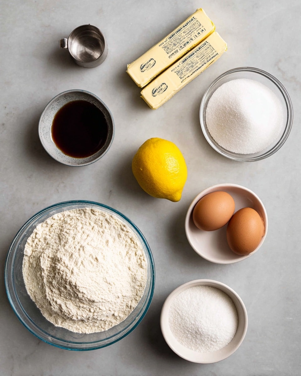 The image shows baking ingredients arranged neatly on a white marbled surface. At the bottom left, there is a large clear glass bowl filled with white flour that has a soft, powdery texture. Near the center, a bright yellow lemon sits whole and uncut. To the right of the lemon, two brown eggs with smooth shells lie close together. Above the eggs, two sticks of butter wrapped in branded paper rest side by side. Above the lemon and to the left, there is a small metal cup holding a dark liquid, likely vanilla extract. At the top center, a clear bowl is filled with granulated white sugar, showing some uneven lumps. To the right of the sugar bowl, a white bowl contains a small amount of white salt. Below that, a white bowl holds a mound of white powder, possibly baking powder or baking soda. The clean arrangement and soft natural lighting highlight the colors and textures of the ingredients. Photo taken with an iphone --ar 4:5 --v 7