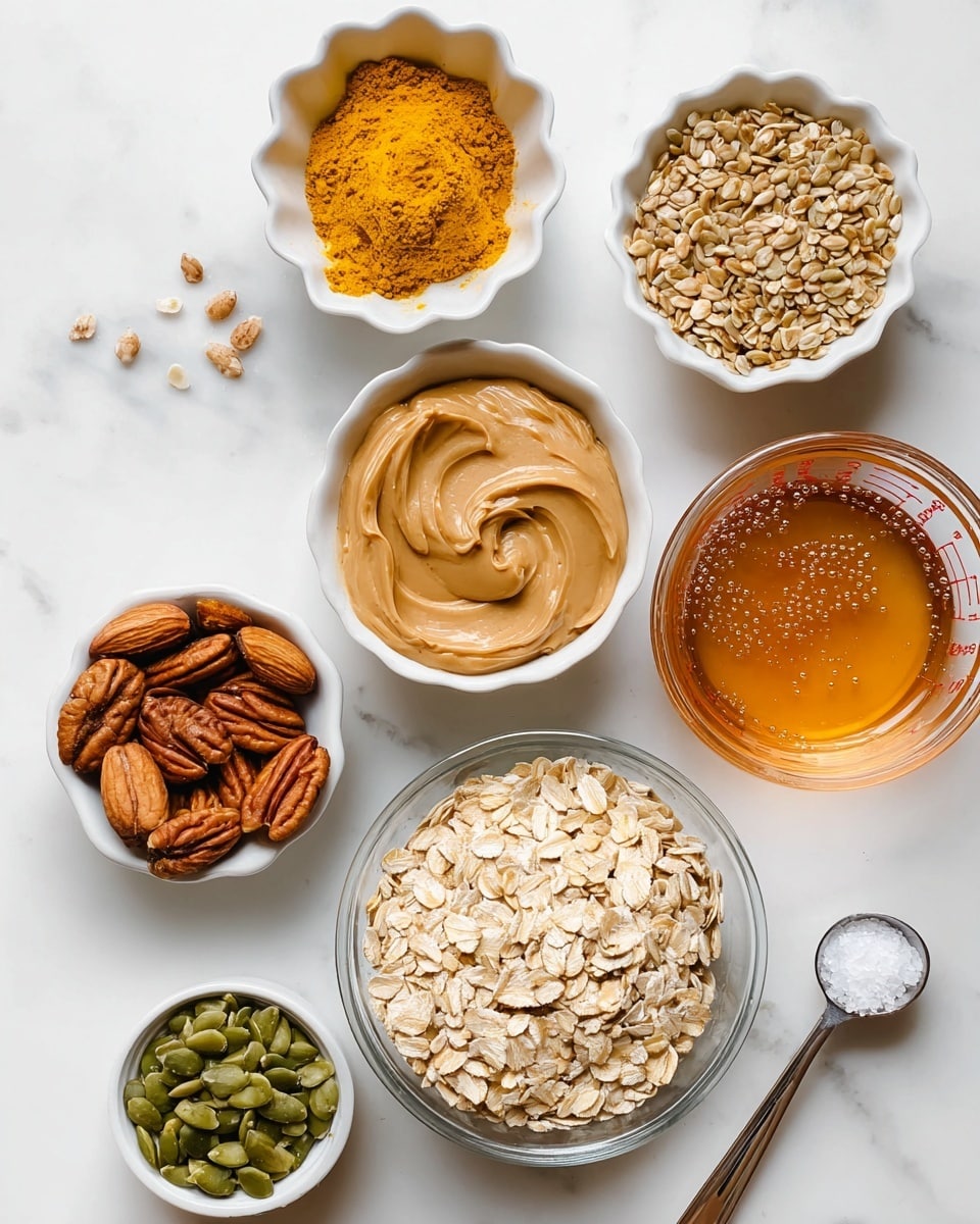 The image shows a white marbled surface with seven containers holding different ingredients arranged neatly. Starting from the top left, there is a small white scalloped bowl with bright yellow-orange powder. Next to it on the right is a small white bowl filled with golden flax seeds. To its right is a glass measuring cup with amber liquid and small bubbles. Below the powder bowl is a white bowl filled with creamy pale brown peanut butter, swirled smoothly. Centered toward the bottom right side is a clear glass bowl filled with pale rolled oats. In the bottom left corner is a small bowl with whole almonds and pecans, showing different shades of brown and textures. Finally, a small white bowl at the bottom right corner contains green pumpkin seeds. A silver measuring spoon with white granulated salt is placed near the oats bowl. The whole setup is bright and clean, with a top-down view. photo taken with an iphone --ar 4:5 --v 7