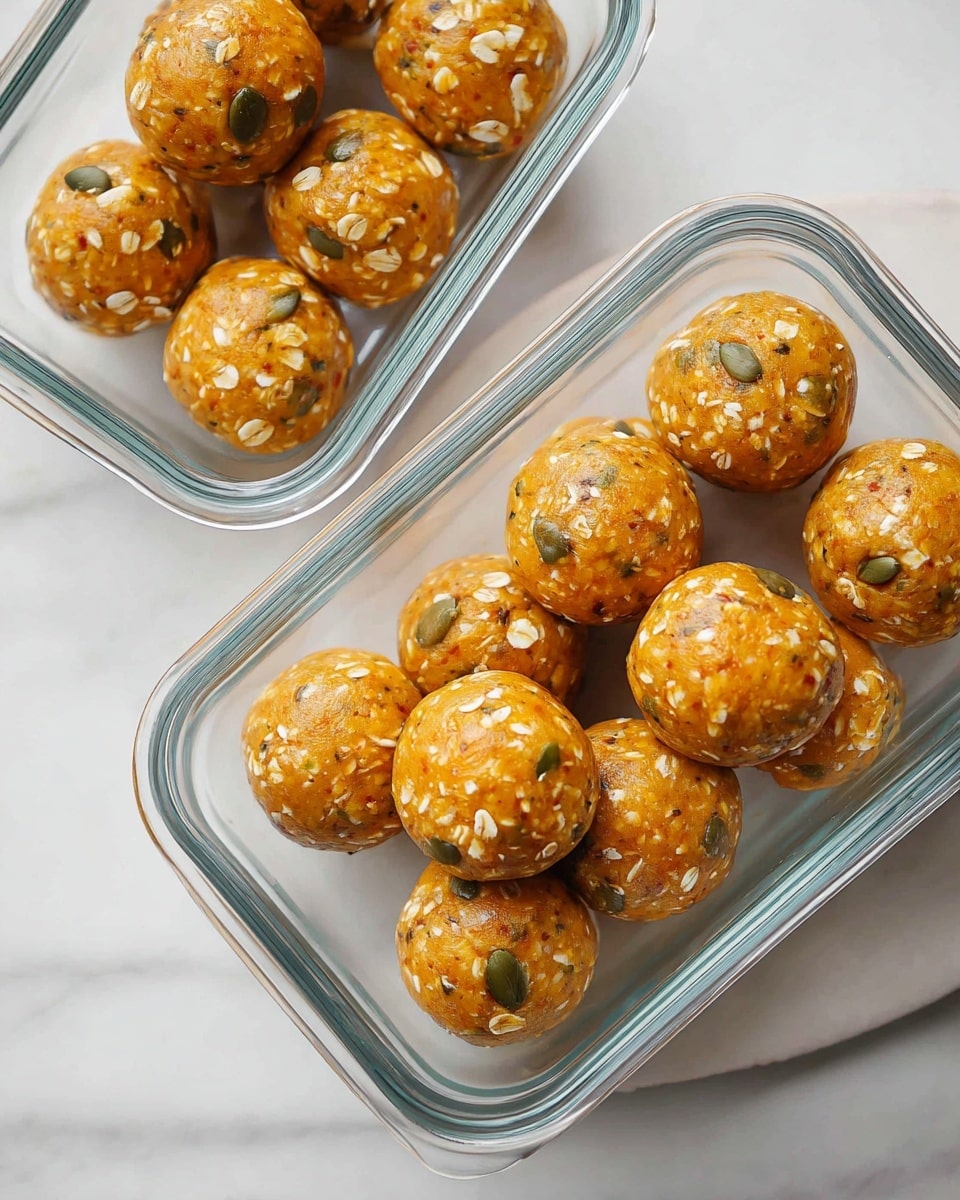 Two clear glass rectangular containers hold uniform round balls made of a golden-orange mix with visible oats and small bits of nuts and seeds. The balls have a slightly shiny texture, showing a dense, firm surface scattered evenly with white oat flakes and green pumpkin seeds. Each container is set on a white marbled surface, with one container placed slightly above and to the side of the other, creating a balanced layout. The scene is brightly lit to highlight the natural colors and textures of the balls and glass containers. photo taken with an iphone --ar 4:5 --v 7