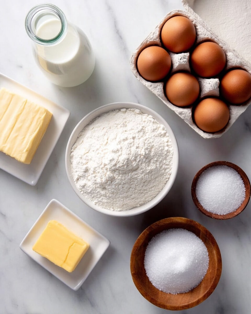 The image shows baking ingredients placed on a white marbled surface. In the center, there is a white bowl filled with white flour. To the right and slightly above, a white egg carton holds four brown eggs. Below the eggs, a small square wooden bowl contains granulated white sugar. To the left of the sugar, a white dish holds a rectangular piece of yellow butter. Above and to the left of the flour bowl, a glass bottle filled with milk is visible. Between the milk bottle and the butter, a small round wooden bowl holds white baking powder or salt. The lighting is bright and soft. Photo taken with an iphone --ar 4:5 --v 7