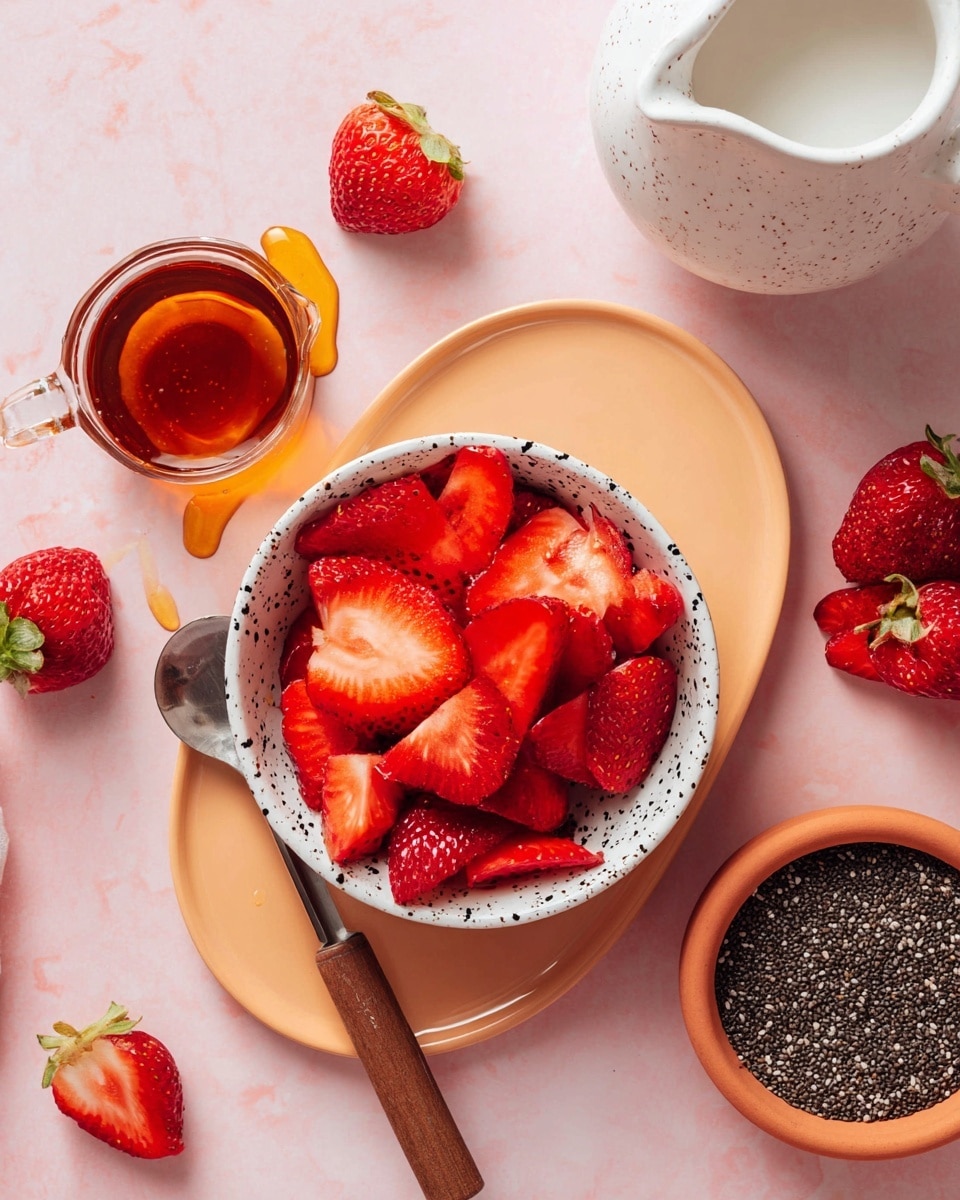 A white bowl with black speckles is filled with bright red, sliced strawberries, sitting on a light peach oval plate. Next to the bowl, a small measuring cup with dark amber syrup has a wooden handle resting on the plate, with a small dollop of honey nearby. To the top right, a white speckled jug filled with white liquid is partly visible, while a small terracotta bowl filled with tiny black chia seeds sits below it. Several whole and halved fresh strawberries are scattered around on a soft pink background with a white marbled texture. photo taken with an iphone --ar 4:5 --v 7