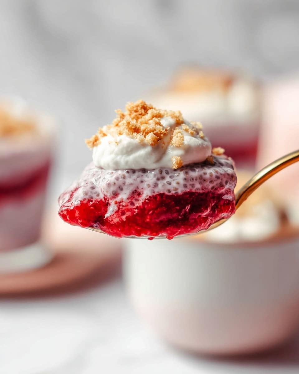 A close-up of a spoon holding three visible layers: at the bottom a bright red jelly, above it a light purple creamy chia pudding with small seeds, and on top a small dollop of white cream sprinkled with light brown crumbly bits. In the background, a white cup filled with the same three-layered dessert is slightly out of focus, set on a white marbled surface. Photo taken with an iphone --ar 4:5 --v 7