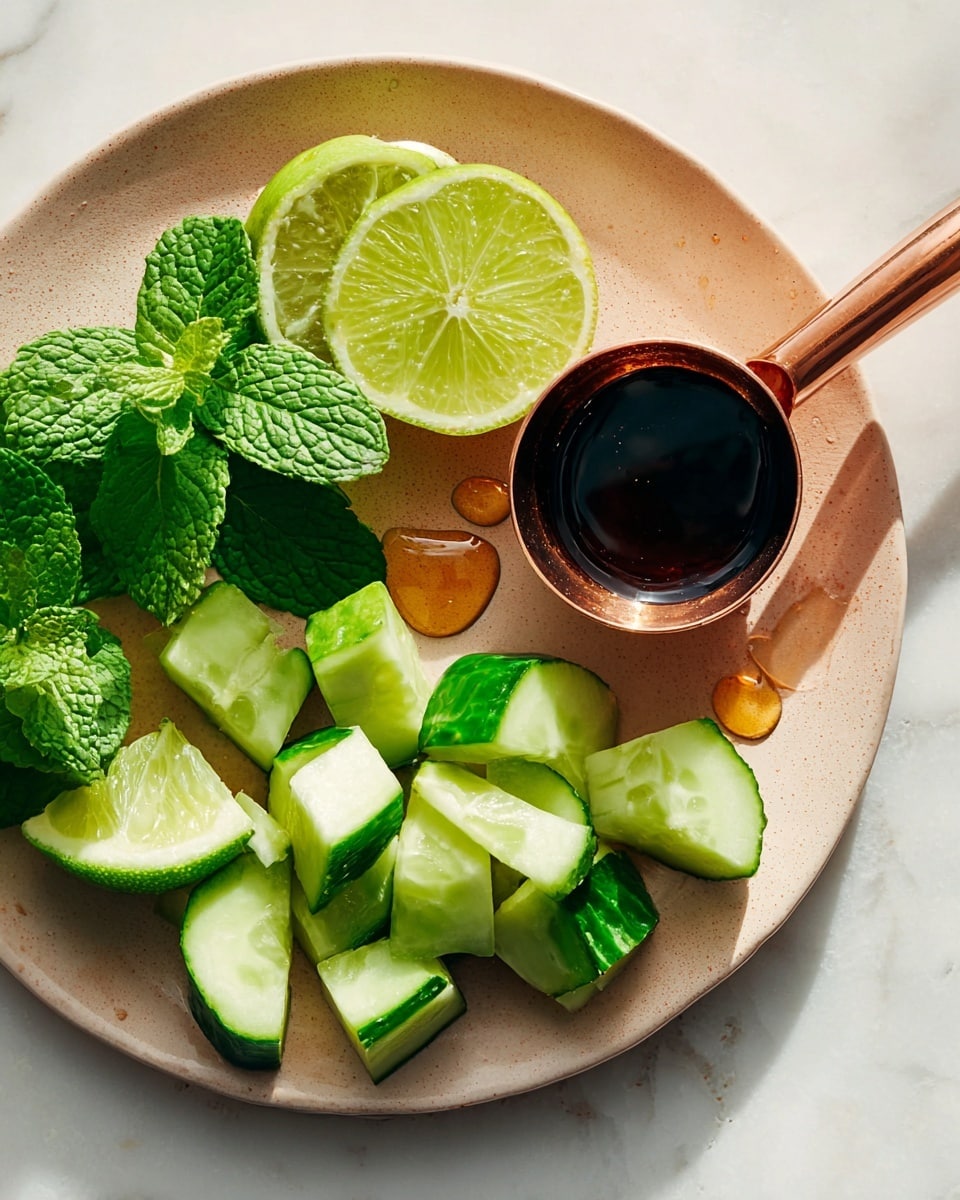 A light tan plate holds pieces of green cucumber chunks and bright lime wedges scattered across its surface, with fresh green mint leaves clustered on one side. A small copper measuring cup with dark liquid inside sits in the plate, with a few drops of the liquid spilled nearby. The plate is placed on a white marbled background, with more lime and cucumber pieces resting beside the plate. The cucumber slices show a moist, fresh texture, and the lime wedges have a glossy, juicy surface, all highlighted by natural light. photo taken with an iphone --ar 4:5 --v 7