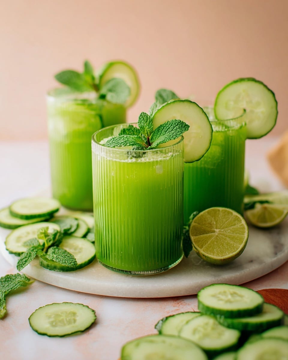 The image shows three glasses filled with bright green cucumber juice. Each glass has a round cucumber slice inside toward the middle and is topped with cucumber slices and fresh green mint leaves. The glasses are clear with vertical ridges. Around the glasses, there are sliced cucumbers, lime wedges, and mint leaves on a round board placed on a white marbled surface. The background is soft light peach pink. The photo was taken with an iphone --ar 4:5 --v 7