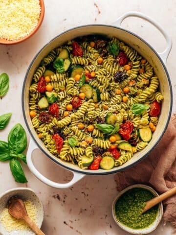 Zucchini Pesto Pasta with Roasted Tomatoes and Chickpeas Recipe