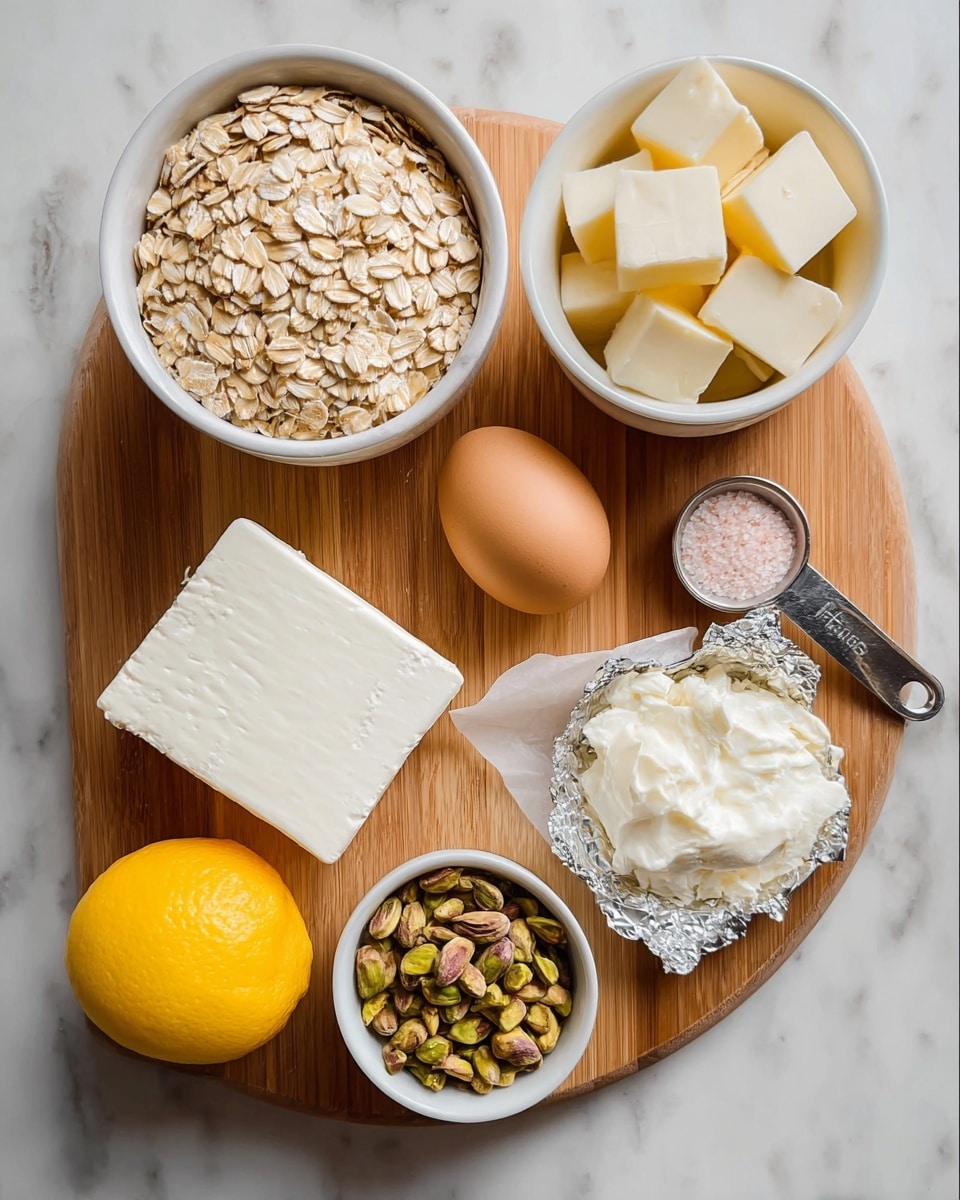 A top view of several ingredients placed on a round wooden board on a white marbled surface. There is a white bowl filled with rolled oats on the bottom left, above it to the right is a white bowl holding cubes of butter, and next to that is a rectangular block of white cream cheese partially wrapped in silver foil. Nearby is an uncracked brown egg and a metal measuring spoon with pink salt resting on the wooden board. Below the egg is a small white bowl with shelled pistachios. In the bottom left corner, there is a lemon cut in half showing its yellow flesh. Photo taken with an iphone --ar 4:5 --v 7