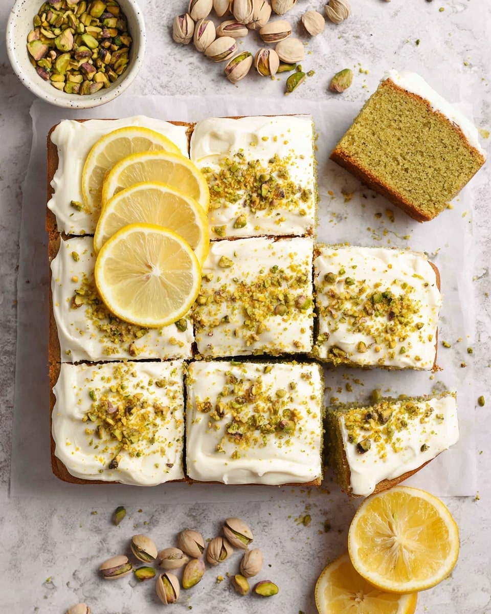 A square cake is divided into eight pieces, each topped with a thick, creamy white frosting layer sprinkled with crushed pistachios and lemon zest. The cake itself has a greenish hue, visible in a single piece placed aside, showing a soft texture. Four thin, round lemon slices rest on the top left corner of the cake, adding bright yellow color contrast. The cake sits on white parchment paper on a white marbled surface. Around the cake, scattered pistachios and two lemon halves add natural green and yellow tones. A white bowl filled with crushed pistachios and whole shelled pistachios sits in the upper left corner. photo taken with an iphone --ar 4:5 --v 7