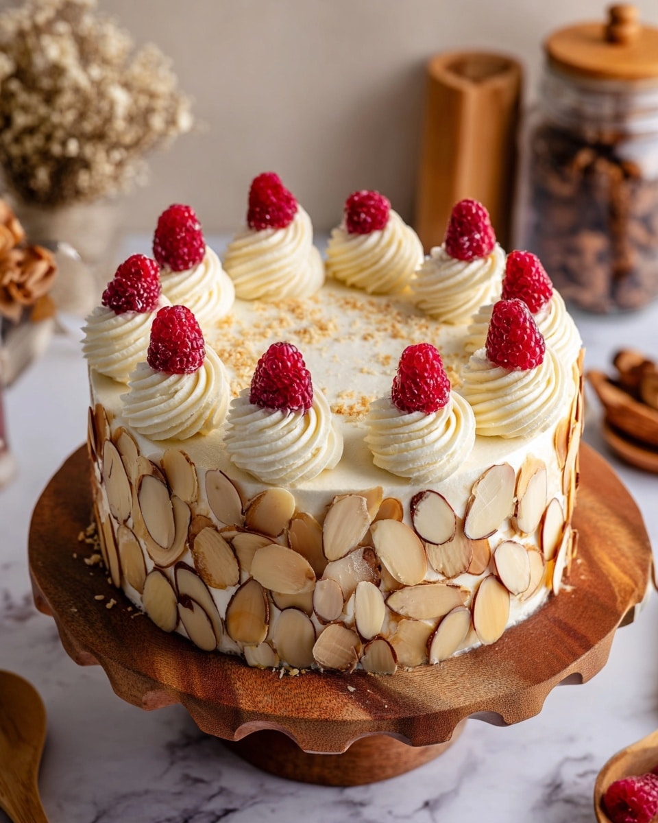The image shows a round cake with three visible layers. The cake is covered with smooth white cream. The sides are decorated with many thin, oval almond slices overlapping each other, giving a textured, natural look. On top, there are twelve swirls of white cream arranged around the edge, each topped with a bright red raspberry. Some crushed almonds are sprinkled lightly on the cream swirls. The cake sits on a wooden cake stand with a wavy edge, placed on a white marbled surface. In the background, there is a blurred jar with a wooden lid and a small bouquet of dried flowers. photo taken with an iphone --ar 4:5 --v 7