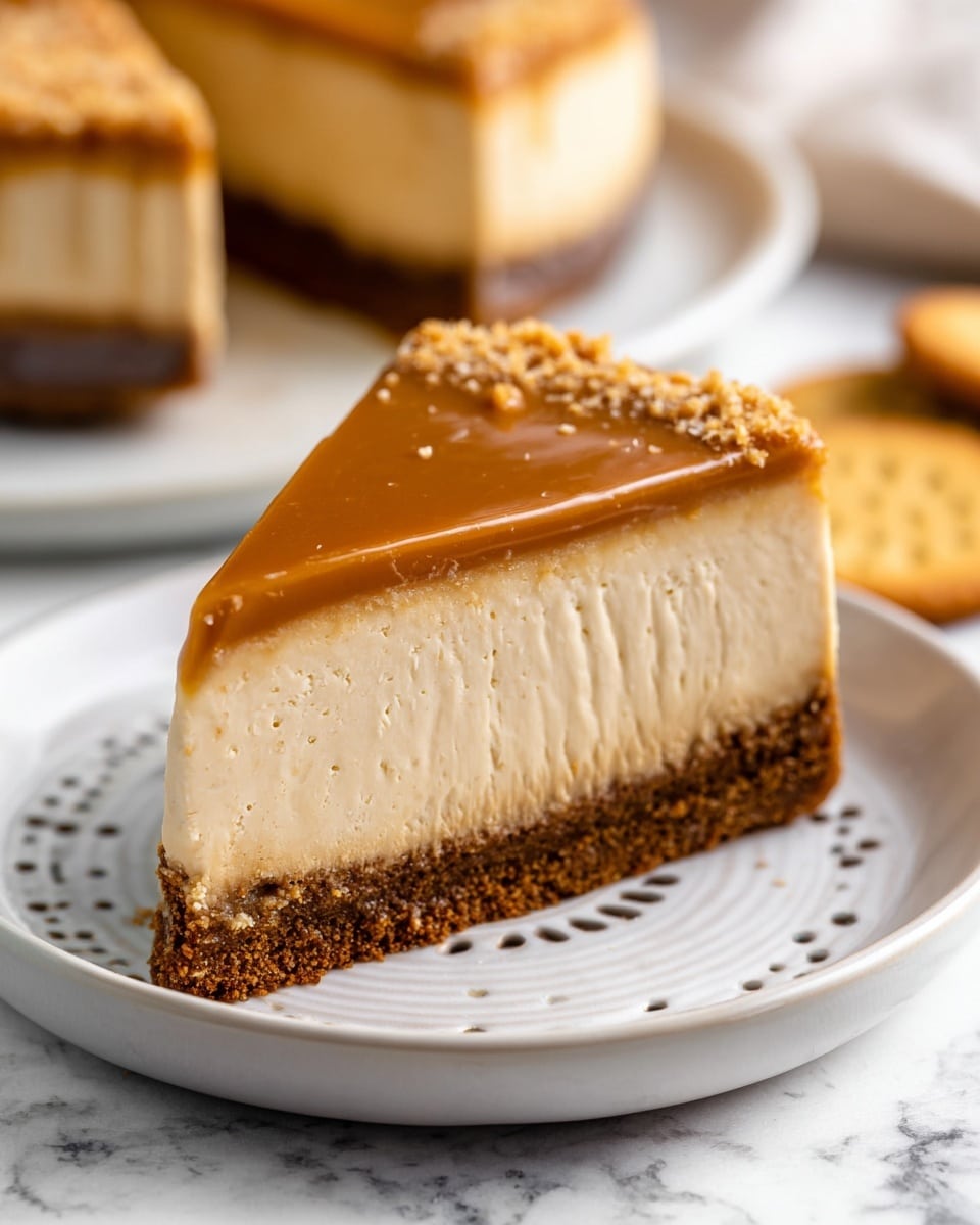 A slice of cheesecake with three clear layers sits on a white plate with small holes and a lift at the edge. The bottom layer is a dark brown crumbly base, looking thick and crunchy. The middle layer is a thick, creamy light beige filling with a soft, smooth texture. The top layer is a thin, shiny caramel-colored glaze with a few light swirls and a sprinkling of crushed crumbs along the edge. Part of another similar slice appears blurred in the background on a white plate, all set on a white marbled surface with a square golden biscuit nearby. Photo taken with an iphone --ar 4:5 --v 7