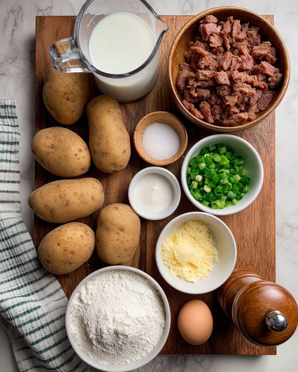 The image shows eight unpeeled brown potatoes arranged on a wooden cutting board with a white marbled texture background. Towards the top left, there is a glass measuring cup filled with white milk. Next to it, a small light wooden bowl contains white salt. On the right side, a white bowl is filled with chopped brown smoked meat pieces. Below that, a white bowl has chopped green onions. Near the center, two small white bowls hold white flour and a yellow powdered seasoning. At the bottom, a white bowl is filled with flour, with a wooden pepper grinder and a brown egg positioned beside it. A white and green striped cloth is placed at the bottom left corner of the frame. Photo taken with an iphone --ar 4:5 --v 7