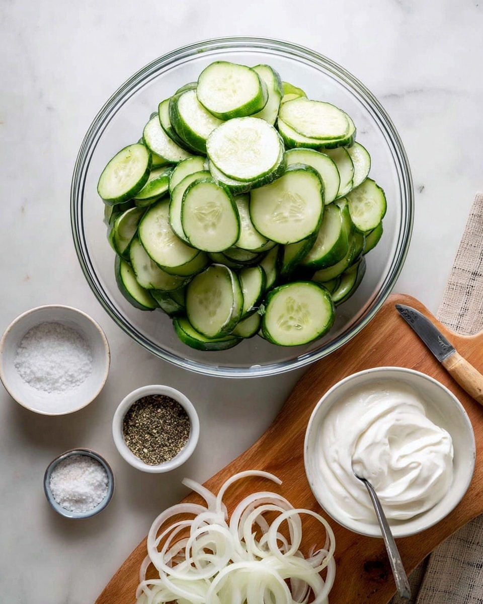 The image shows a clear glass bowl filled with many light green cucumber slices that have dark green edges, all piled up evenly. Below the bowl, on a wooden board, there are thin white onion strips spread out next to a small knife. Surrounding these main items are small white bowls: one with white coarse salt, one with a mix of salt and black pepper, and an empty one. To the right, there is a white bowl holding thick, smooth white yogurt with a spoon resting inside. The setup is placed on a white marbled surface. Photo taken with an iphone --ar 4:5 --v 7