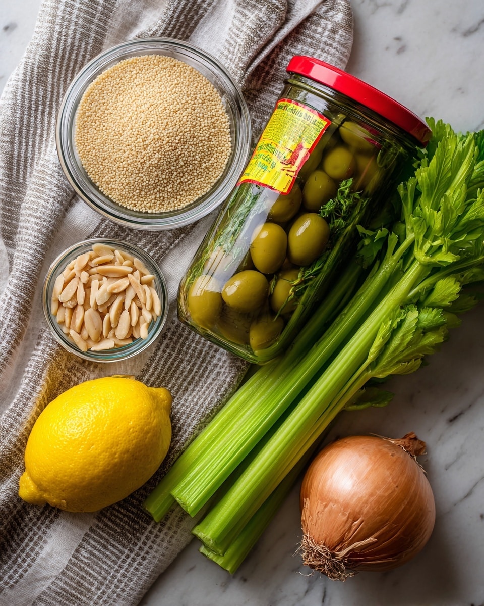 The image shows a flat lay of cooking ingredients placed on a white marbled surface with a striped cloth underneath. On the top left, there is a clear round bowl filled with small light beige granules. Below it, a smaller clear round bowl holds slivered light tan nuts. To the right of these bowls is a glass jar with a red lid filled with green olives, featuring a yellow and red label. Next to the jar, fresh bright green celery stalks with leaves extend upward. A whole bright yellow lemon sits on the cloth near the bowls. At the bottom right corner of the image, there is a small brown onion with its root end showing. photo taken with an iphone --ar 4:5 --v 7