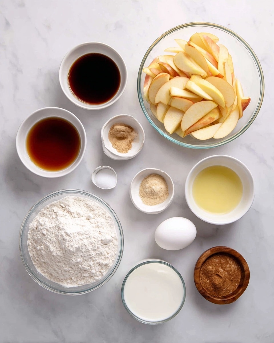The image shows a white marbled surface with various ingredients neatly arranged. There is one large clear glass bowl filled with thin, sliced apple pieces positioned at the top right. Below it, three small white bowls hold different liquids—two dark brown and one light brown. A large clear glass bowl full of white flour is placed at the bottom left. Above that, three smaller white bowls contain white powder, light brown powder, and a light yellow creamy substance respectively. A single white egg is centered among the bowls, and a tiny white bowl holds milk near the bottom right. Lastly, a small wooden bowl with a mixture of cinnamon and salt sits at the far right. photo taken with an iphone --ar 4:5 --v 7