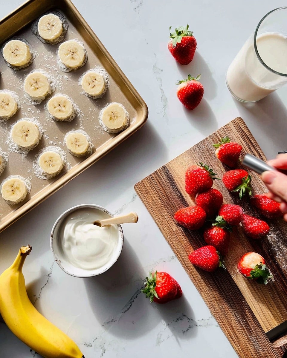 The image shows a baking tray filled with round banana slices evenly spread out on the top left, a small white bowl with yogurt on a white marbled surface below the tray, and a tall clear glass of milk behind the bowl. To the right, there is one large wooden cutting board with several fresh red strawberries scattered on it, and a woman’s hand holding a bottle opener at the top right corner. A whole yellow banana is resting on the white marbled surface in the bottom left corner. The scene is bright and clean with soft natural light. photo taken with an iphone --ar 4:5 --v 7