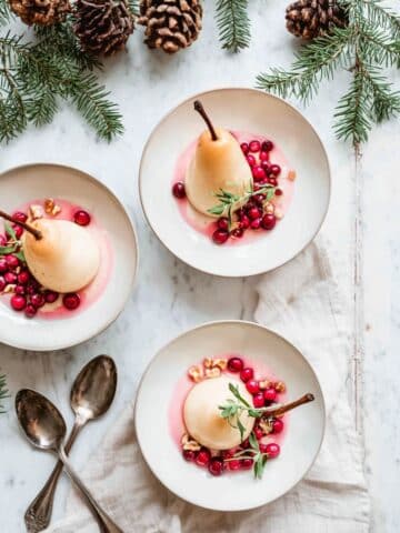 Cranberry Poached Pears with Mascarpone and Hazelnuts Recipe