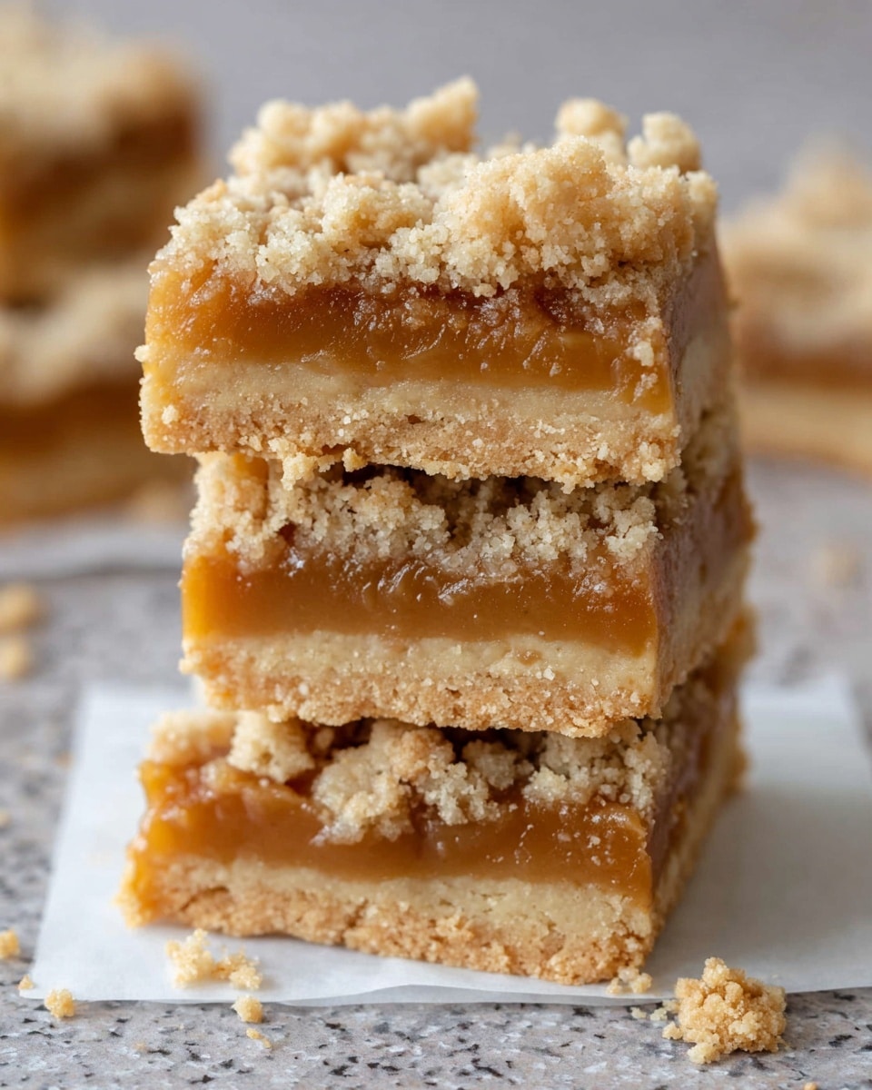 A close-up of a stack of four square crumb bars on a piece of white parchment paper. Each bar has three layers: a light tan crumbly base layer, a thick sticky golden caramel middle layer, and a top layer of coarse crumb topping that is pale beige with small clumps. The bars have rough, uneven edges with crumbs falling around them. The background shows a soft focus white marbled texture surface photo taken with an iphone --ar 4:5 --v 7