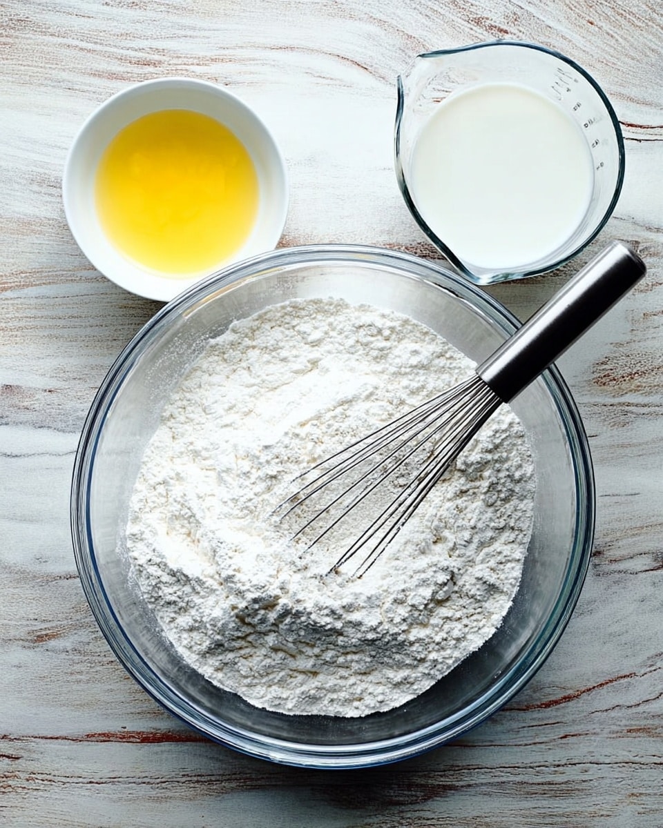 A large clear glass bowl sits on a white marbled surface, filled with a white powdery flour. A silver whisk with a black handle rests inside the bowl, partially buried in the flour. Above the bowl are two small white bowls, one with yellow melted butter and the other a clear glass measuring cup with white milk inside. The wood grain texture of the surface is replaced by a clean white marble background photo taken with an iphone --ar 4:5 --v 7