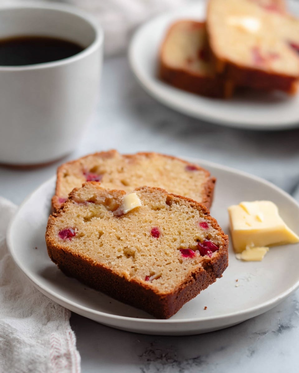 Two slices of light brown, moist cake with small red fruit pieces inside are placed on a white plate. The cake has a slightly darker brown crust on the bottom and edges. Next to the cake slices, there is a small pat of pale yellow butter on the plate. In the background, a white cup with dark coffee sits on a white marbled surface, along with another white plate holding more cake slices slightly out of focus. The scene is cozy and simple. photo taken with an iphone --ar 4:5 --v 7