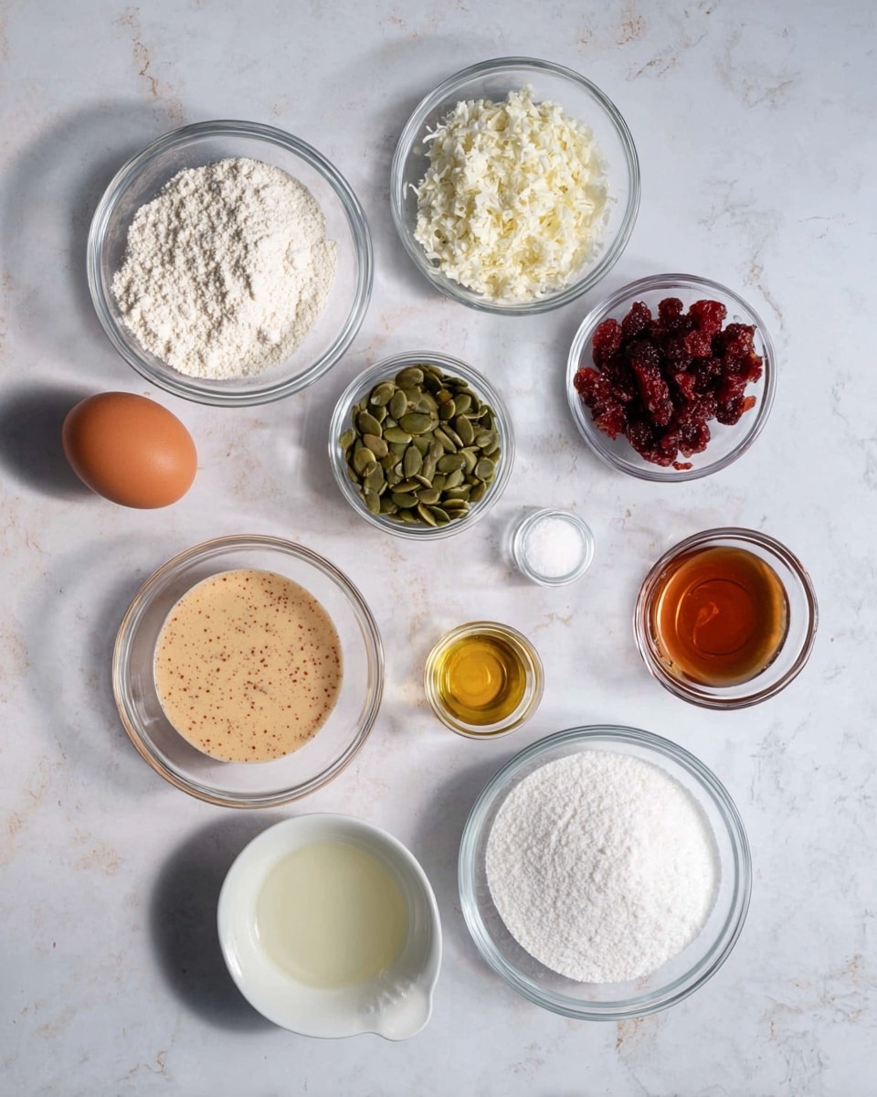 The image shows nine clear glass bowls and a single brown egg arranged on a white marbled surface. The bowls contain different ingredients: the top left bowl holds white flour, the top right bowl is filled with white flakes, the middle bowl has green pumpkin seeds, and the small bowl to its right holds red dried berries. Below, a white bowl contains a light brown creamy substance with speckles, and next to it is another white bowl filled with white granulated sugar. There is a small clear cup with a pale liquid and two tiny glass containers: one with a golden liquid and the other with a dark brown liquid. The brown egg is placed near the bottom left corner. Photo taken with an iphone --ar 4:5 --v 7