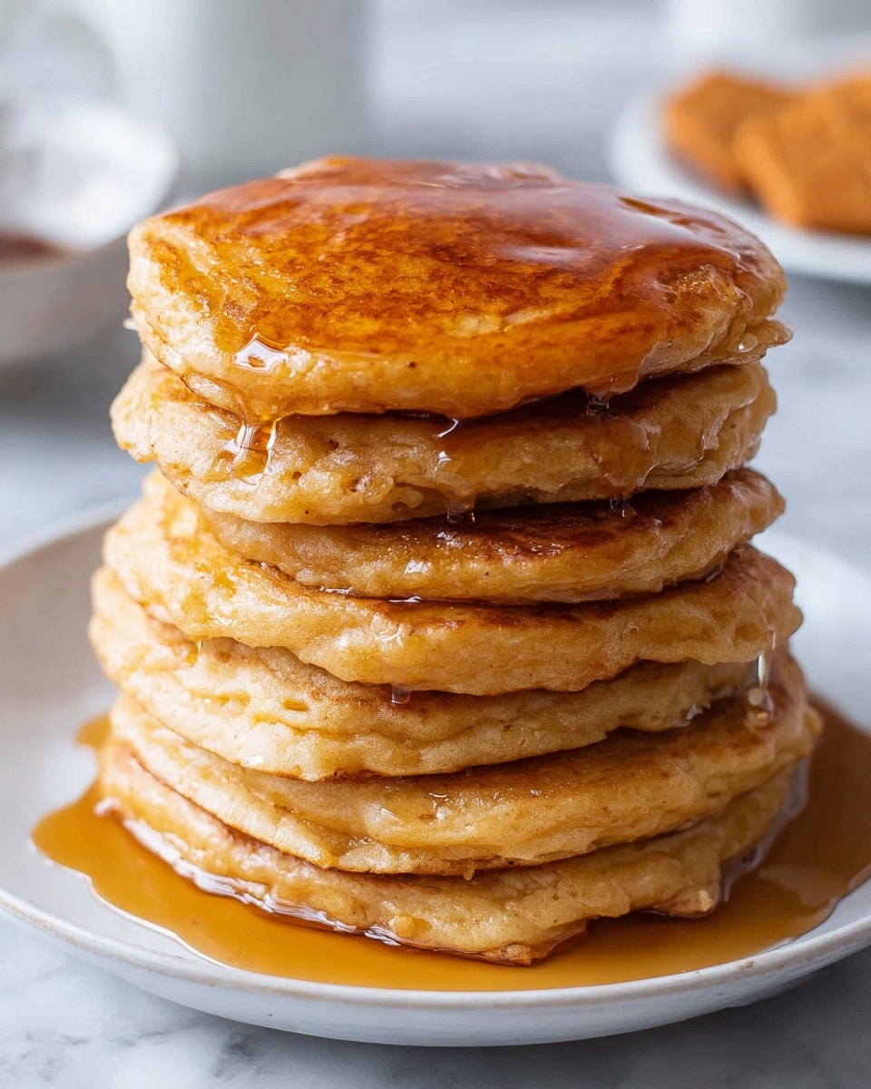 A stack of seven thick, fluffy pancakes sits in the middle of a white plate, each pancake light golden brown with a slightly crisp edge and soft texture. The pancakes are covered in a glossy layer of amber syrup that drips down the sides, pooling onto the plate below. The background shows a white marbled surface with a blurred woman's hand and some crackers in the distance. The syrup shines with a wet texture reflecting light, highlighting the warmth of the pancakes. photo taken with an iphone --ar 4:5 --v 7
