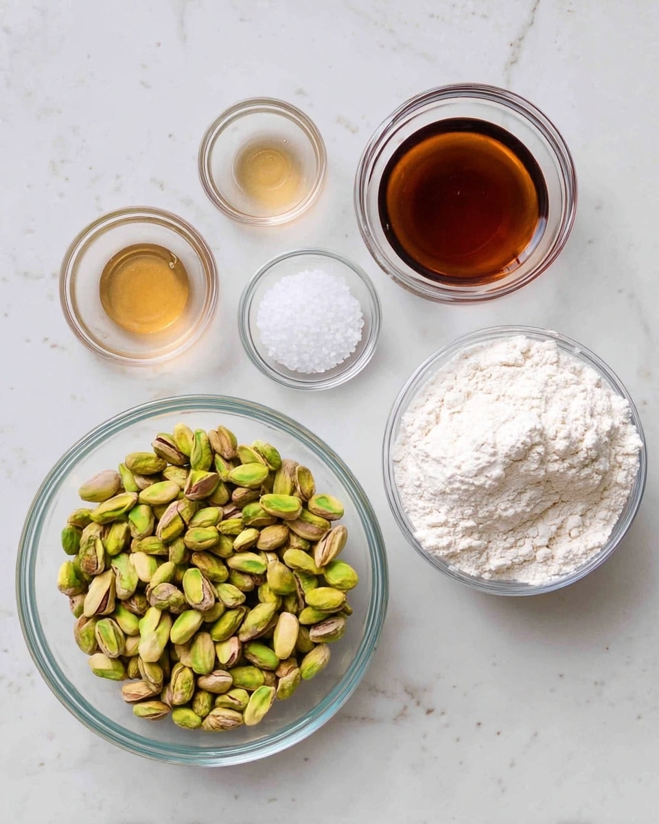 Five clear glass bowls sit on a white marbled surface. One large bowl in the bottom center holds many shelled green pistachios with hints of yellow. To the right, a slightly smaller bowl is filled with white powdery flour, showing a soft, uneven surface. At the top right, a medium bowl contains dark amber liquid, appearing smooth and glossy. At the top left, a small bowl has a small amount of light brown liquid, almost golden and translucent. Below that, another small bowl holds a small pile of white salt crystals. The setup is neat and bright with soft natural light. Photo taken with an iphone --ar 4:5 --v 7