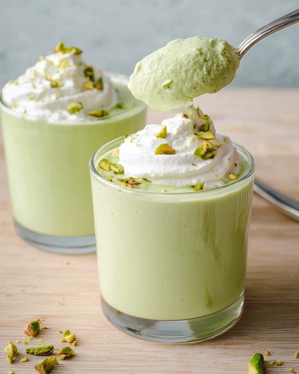 Two clear glass cups are filled with a thick, light green creamy dessert. On the top of each dessert is a dollop of white whipped cream, sprinkled with small green nut pieces. A shiny silver spoon is holding a scoop of the green dessert above the cup in the front. The cups are placed on a light wooden surface. Photo taken with an iphone --ar 4:5 --v 7