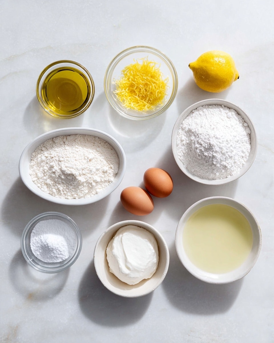A white marbled surface holds several white bowls and small clear glass bowls arranged in a neat layout. From left to right on the bottom row, there is a small clear glass bowl with white powders, a white oval bowl filled with white flour, a white round bowl with a creamy white thick mixture, and another white round bowl filled with white granulated sugar. On the top row, there is a medium white round bowl filled with golden olive oil, a small clear glass bowl filled with yellow lemon zest, a small clear glass bowl holding a whole yellow lemon, and a small white round bowl with two brown eggs inside. In between these bowls, there is a small white bowl containing a pale yellow liquid. The setting is bright with soft natural light, showing clear details, photo taken with an iphone --ar 4:5 --v 7
