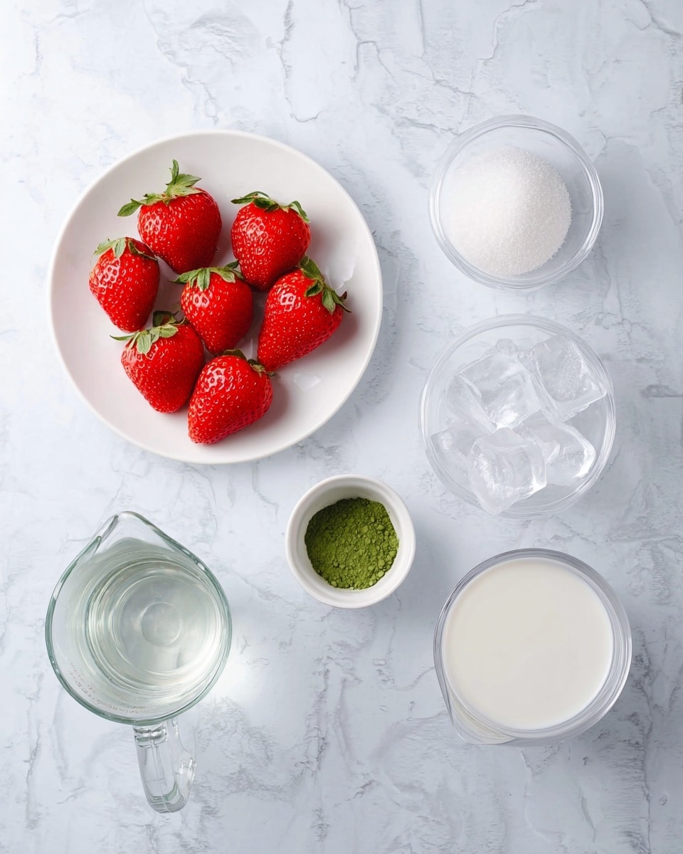 The image shows several ingredients arranged on a white marbled surface. On the top left, a white plate holds seven bright red strawberries with green leaves. To the right, a small white bowl contains white granulated sugar. Next to it, a clear glass bowl is filled with large ice cubes. Below, a small white cup holds a fine green powder, likely matcha. To the bottom left, a clear glass measuring cup is filled with water, and next to it, a white bowl contains a white liquid, probably milk. The items are spaced evenly and lit softly, creating a clean and fresh look photo taken with an iphone --ar 4:5 --v 7