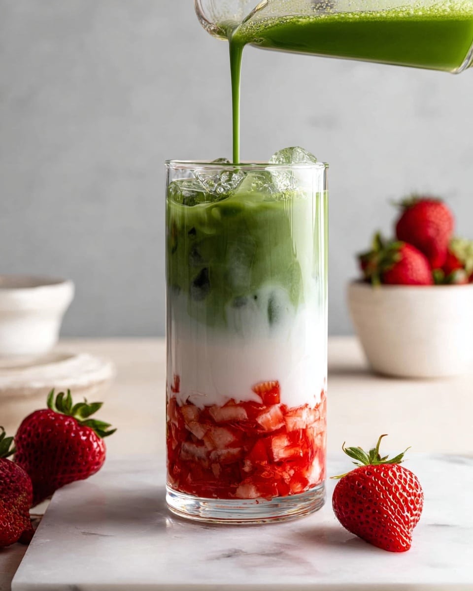 A tall clear glass shows three layers: the bottom layer has small red strawberry pieces, the middle layer is white milk, and the top layer is green matcha with ice cubes visible inside. A green liquid is being poured into the glass from a clear container above, blending softly with the white and green layers. Fresh strawberries are placed on a white marbled surface around the glass, and in the background, there is a white bowl and a white container with a strawberry on top. The photo taken with an iphone --ar 4:5 --v 7