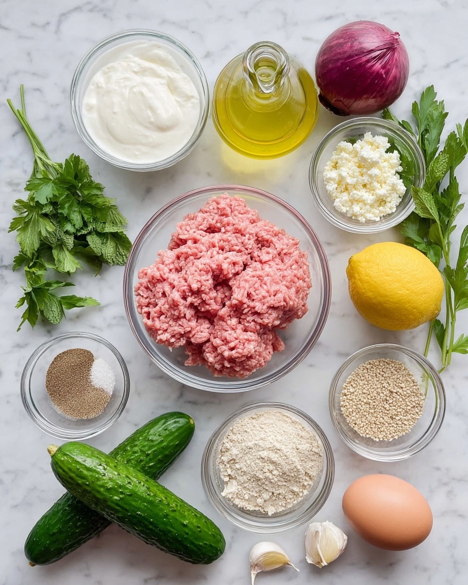 A clear glass bowl in the center holds pink ground meat with a soft, slightly crumbly texture. Surrounding it, smaller glass bowls contain crumbly white cheese, light beige breadcrumbs, mixed brown and white spices, and coarse salt. To the left, a larger glass bowl shows smooth, white cream or yogurt. Fresh green herbs, including parsley and mint, lie next to two dark green mini cucumbers. At the top, a small glass bottle of yellow olive oil is placed near a deep purple-red onion. To the right side, a bright yellow lemon and a brown egg rest beside three peeled garlic cloves, all on a white marbled surface photo taken with an iphone --ar 4:5 --v 7