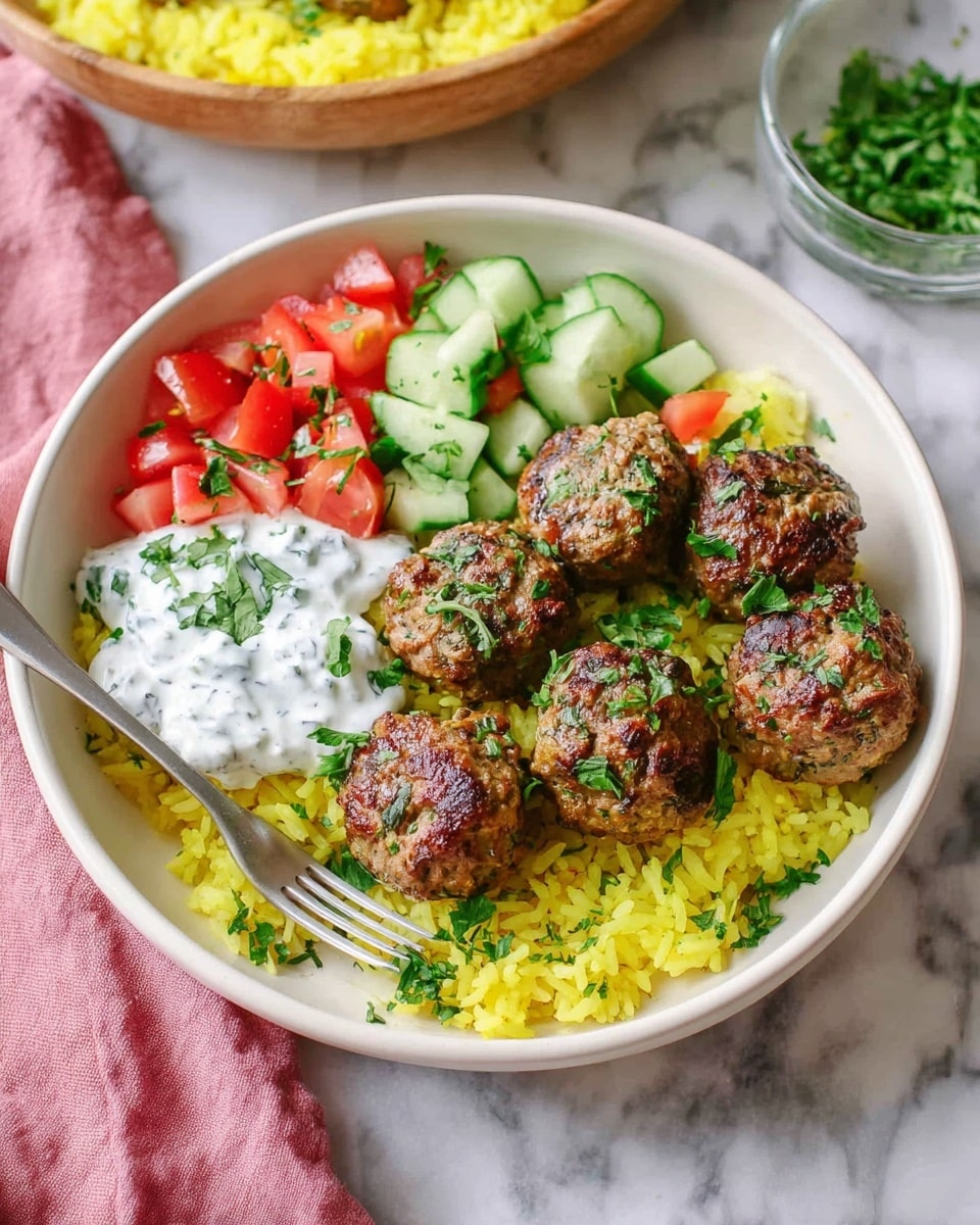 A white bowl holds a layered dish starting with a bottom layer of bright yellow rice speckled with green herbs. On top of the rice, there are seven brown meatballs sprinkled with green herbs, arranged towards the right side. To the left of the meatballs, there are fresh chopped cucumber slices and red tomato pieces mixed together, also sprinkled with herbs. Above the vegetables, a dollop of white yogurt sauce with green herb flecks is placed. A metal fork rests on the rice at the bottom left edge of the bowl. The bowl is set on a white marbled surface, with a blurred bowl of more yellow rice visible in the background and a small glass bowl of cucumber pieces near the top right, along with a pink cloth near the lower left corner. Photo taken with an iphone --ar 4:5 --v 7