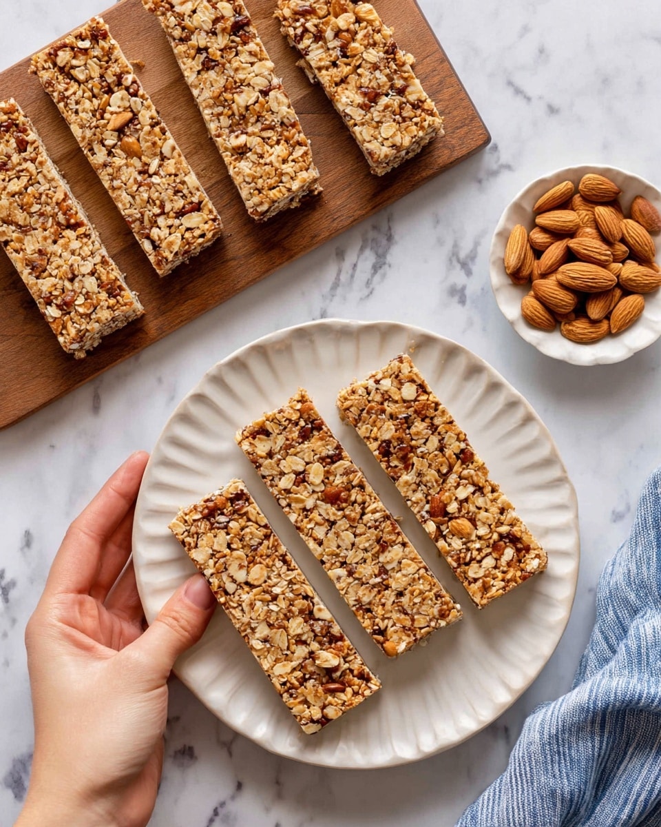 The image shows six rectangular granola bars made with oats and nuts, all in a single thick layer with a rough, grainy texture. Five bars are on a white plate with a slightly scalloped edge placed on a white marbled surface, and one bar is being held by a woman's hand over the plate. Above the plate, three more granola bars rest side by side on a wooden board. To the right, a small white dish holds a cluster of whole almonds. A blue and white striped cloth is partially visible at the bottom right corner. photo taken with an iphone --ar 4:5 --v 7