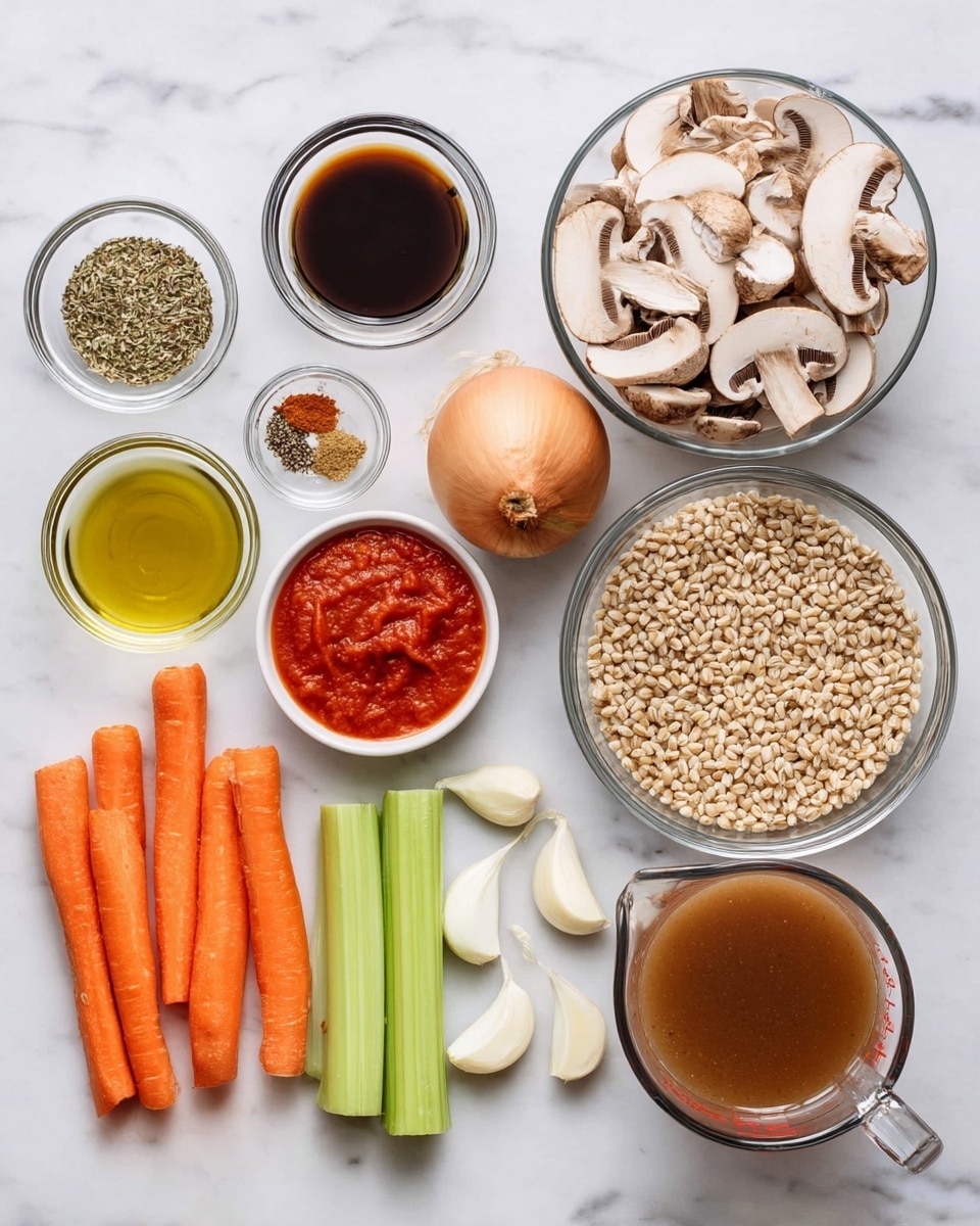 A top-down view of a collection of cooking ingredients neatly arranged on a white marbled surface. In the middle, a clear glass bowl holds sliced brown mushrooms. To the right of the mushrooms, a whole onion and a round clear glass bowl filled with light brown barley grains are placed. Below the barley is a clear glass measuring cup filled with brown broth. To the left of the broth is a small glass bowl with red tomato paste. Below the mushrooms on the left, three bright orange carrots and two green celery stalks lie side by side with three peeled garlic cloves below them. Above the carrots and celery is a small clear glass bowl of olive oil. To the top left is another small clear glass bowl containing mixed spices in white, green, brown, and red tones. Above the mushrooms is a small clear glass bowl filled with a dark brown liquid. Photo taken with an iphone --ar 4:5 --v 7