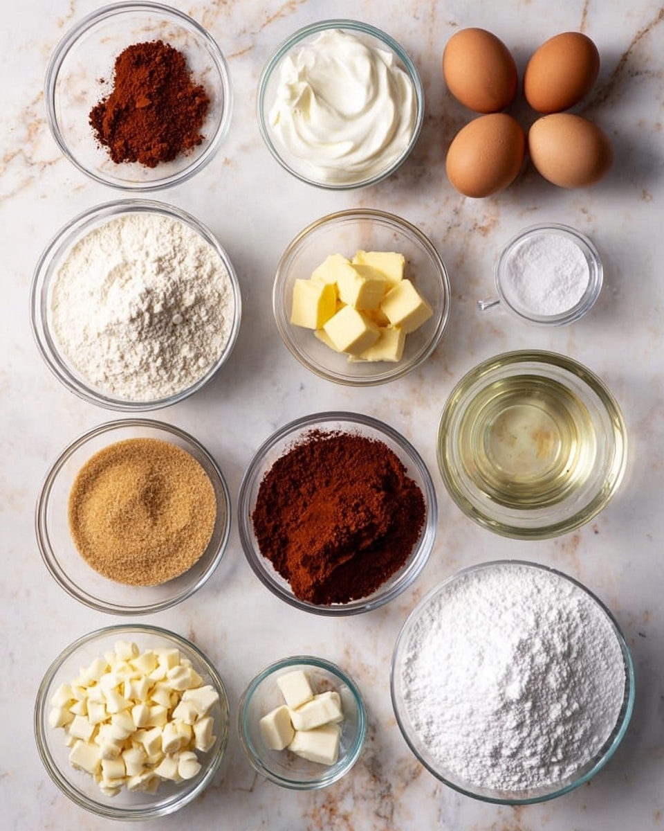 The image shows a neat arrangement of 13 clear glass bowls and dishes on a white marbled surface, each filled with different baking ingredients. In the top right corner are three brown eggs beside a small bowl with two chunks of yellow butter, a tiny round container with white powder, and a larger bowl of deep reddish-brown cocoa powder. Just below that is a bowl of white flour next to one filled with clear liquid oil. In the bottom right corner, a large bowl holds a mound of white powdered sugar. Moving toward the bottom left, there is a bowl of light brown packed sugar, a bowl with creamy white chips and a dollop of cream, and a bowl of white granulated sugar with baking soda or powder. At the very top center is a bowl of soft white cream and a small cup of clear liquid. The colors vary between white, brown, yellow, and red, with smooth and grainy textures. The photo taken with an iphone --ar 4:5 --v 7