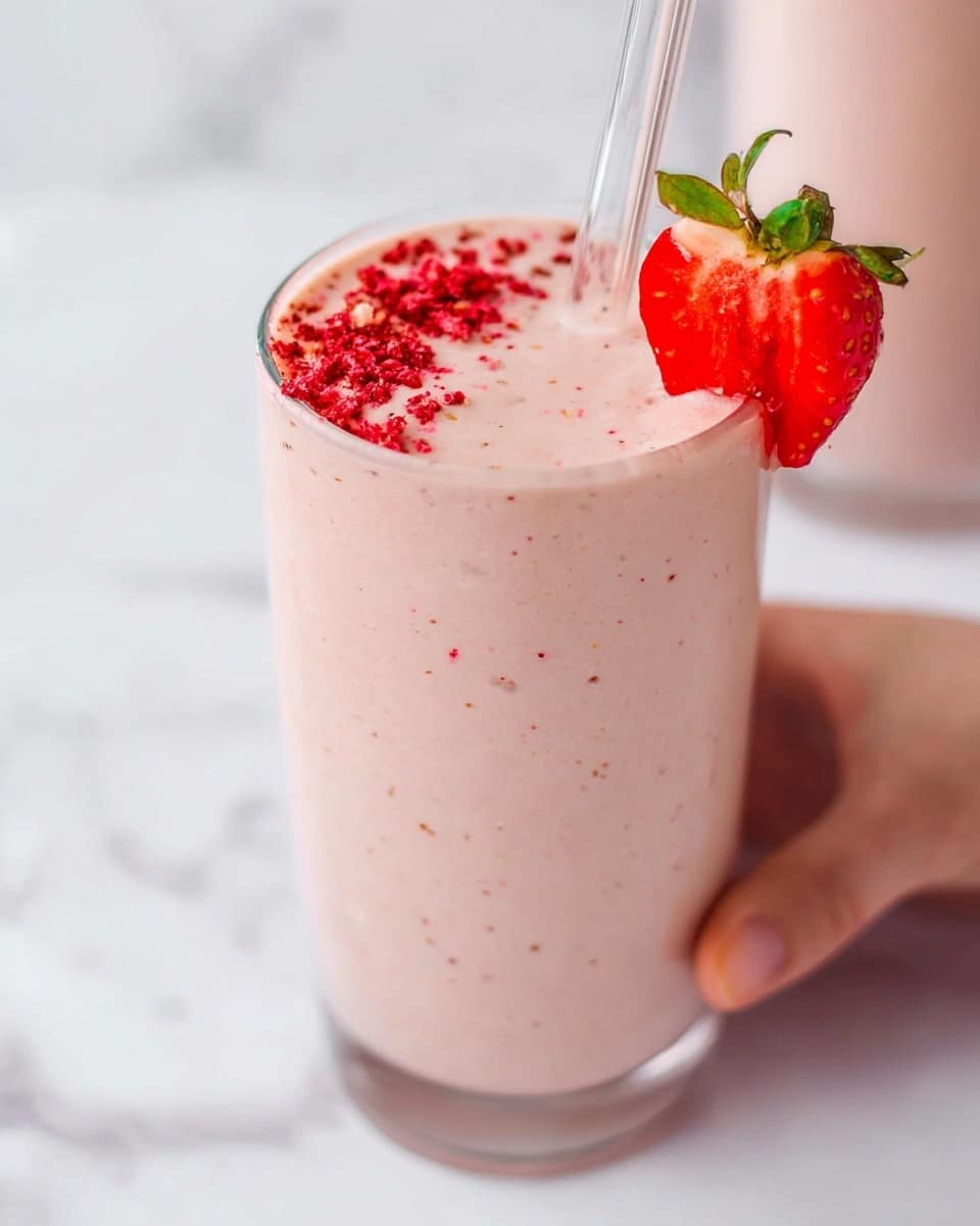 A tall clear glass filled with a smooth light pink smoothie showing tiny specks inside. The top has bright red crushed bits sprinkled on one side near the rim, and a fresh strawberry slice with green leaves is placed on the rim. A clear straw is inside the glass, with a woman's hand holding it gently. The background is a white marbled texture. photo taken with an iphone --ar 4:5 --v 7