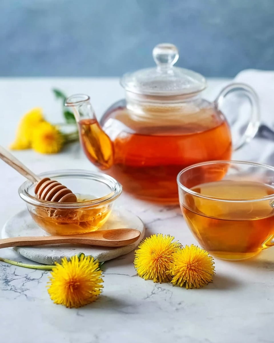 A clear glass teapot filled with amber tea sits in the center on a white marbled surface. To its right, there is a white glass cup with the same amber tea. In front of the teapot is a small clear glass bowl with golden honey and a wooden honey dipper resting on it. A wooden spoon lies near the honey bowl, holding three bright yellow dandelion flowers. The background is a soft blue color. Photo taken with an iphone --ar 4:5 --v 7
