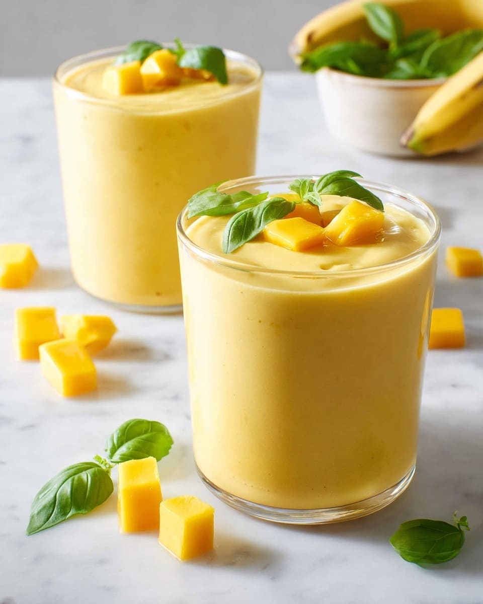 The image shows two clear glasses filled with a smooth, thick yellow mango smoothie. Each glass is topped with two small, bright yellow mango cubes and a fresh green basil leaf, adding a touch of color and freshness. The glasses sit on a white marbled surface, surrounded by scattered mango cubes and green basil leaves. In the background, a ripe banana is placed next to a cream-colored bowl with fresh basil, adding natural and fresh elements to the scene. The lighting is soft and bright, highlighting the creamy texture of the smoothie and the vibrant colors of the mango and basil photo taken with an iphone --ar 4:5 --v 7