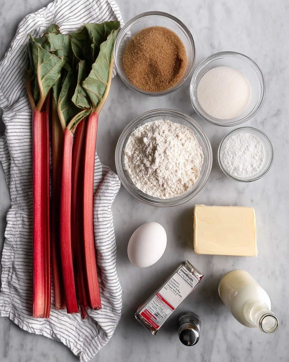 The image shows several ingredients neatly arranged on a white marbled surface. On the left side, there are four long red rhubarb stalks with green leaves at the top, placed next to a white and gray striped cloth. Moving to the right, there are clear glass bowls filled with brown sugar, white granulated sugar, and white flour. Below these bowls, there is a small clear glass bowl with baking powder, a whole white egg, a stick of unsalted butter in packaging, a black pepper grinder, and a small bottle of milk. The ingredients are spaced evenly and photographed from above. Photo taken with an iphone --ar 4:5 --v 7