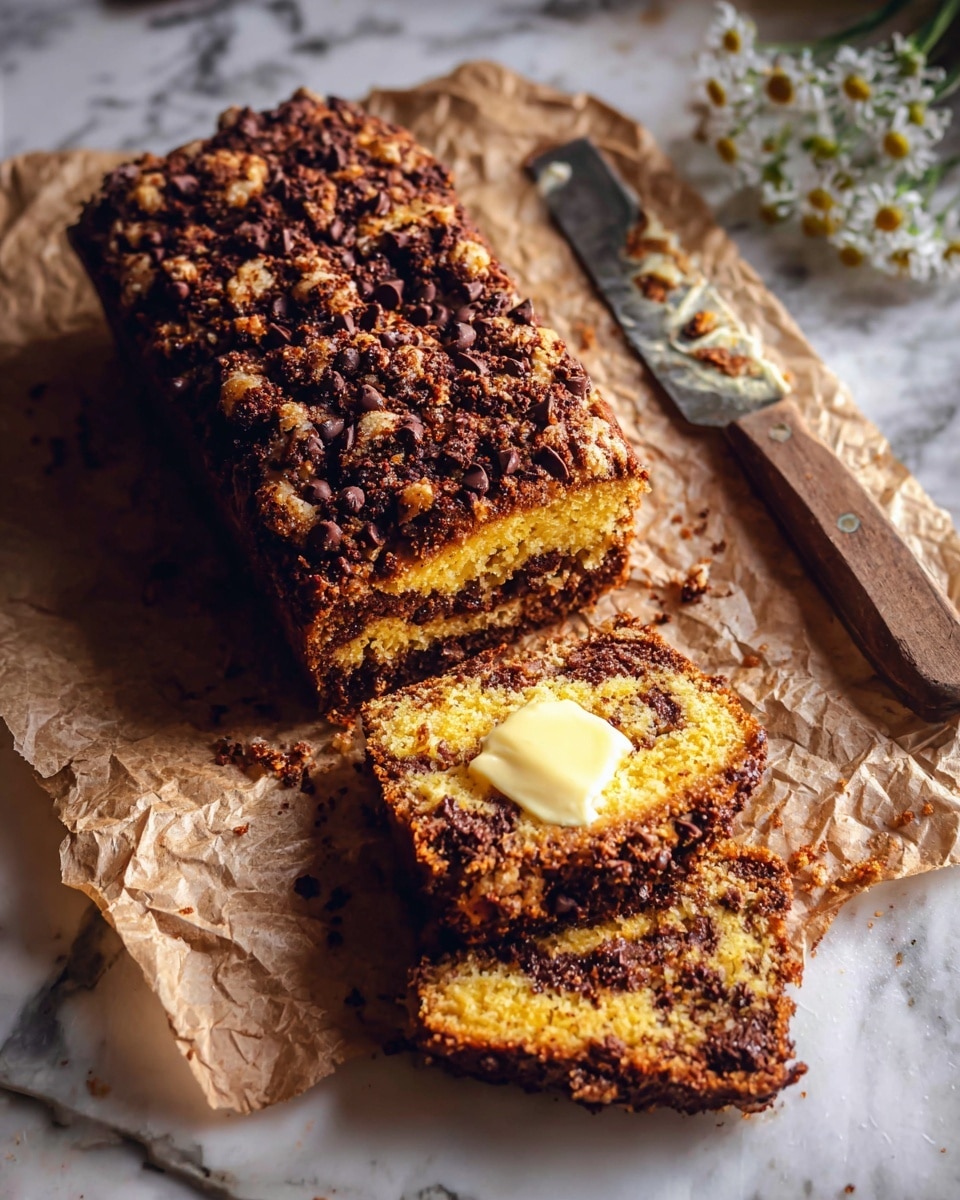 A rectangular loaf of crumbly chocolate chip bread rests on wrinkled parchment paper, showing a thick top layer with uneven textures full of dark chocolate chips and small nut pieces, giving a rough, crispy look. The loaf's main body is dense and brown, slightly darker on the sides, contrasting with the lighter, crumb-topped surface. In the background, blurred green plant stems and a soft pink flower add a gentle touch. The whole scene sits on a white marbled surface, softly lit with natural light highlighting the rough texture of the bread. Photo taken with an iphone --ar 4:5 --v 7