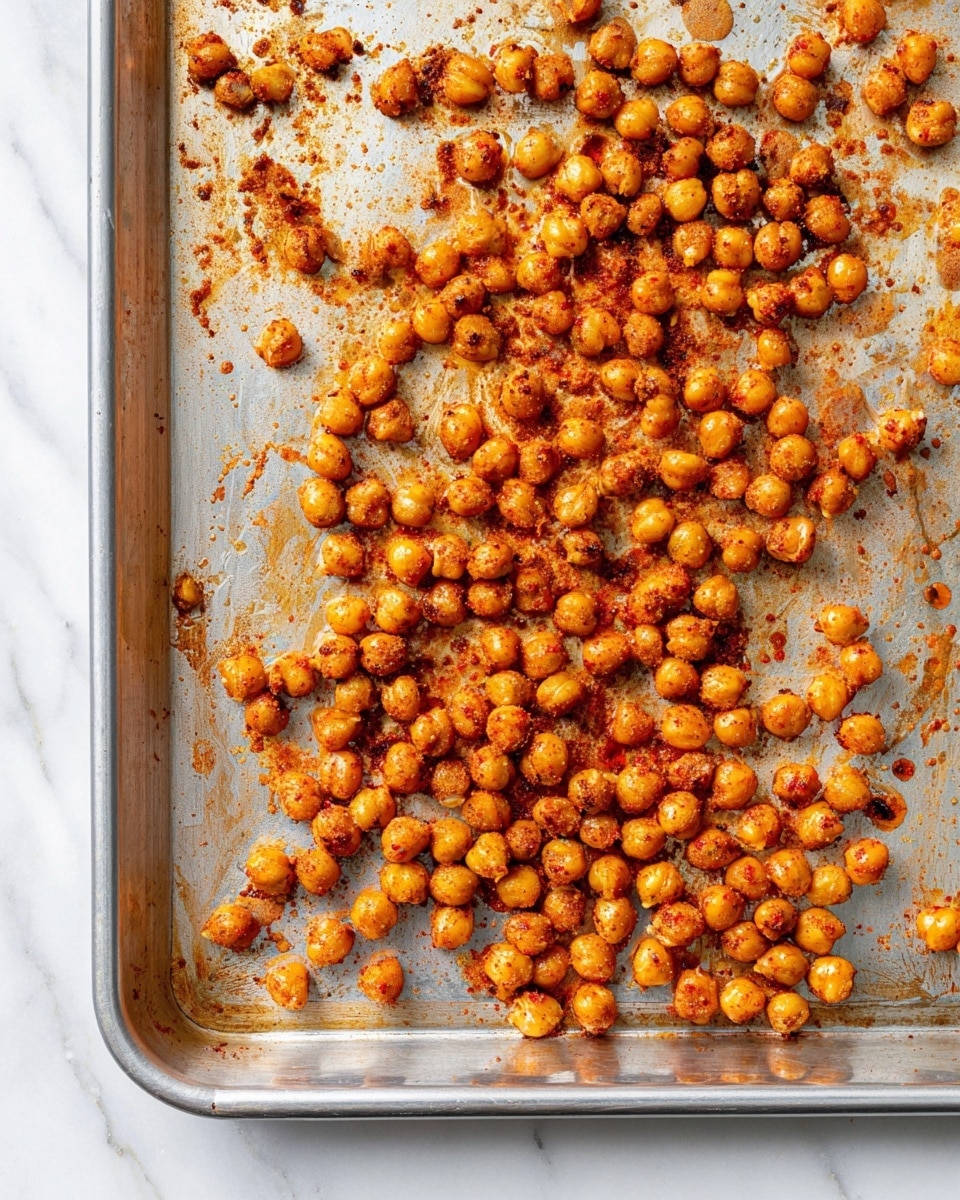 A silver baking tray filled with a single layer of roasted chickpeas coated in a reddish-orange seasoning, scattered unevenly across the tray. The chickpeas have a slightly shiny, crispy texture with some bits of seasoning clinging to them and stuck to the tray’s surface. The tray shows light browning and oil stains from roasting, and it sits on a white marbled texture. Photo taken with an iphone --ar 4:5 --v 7