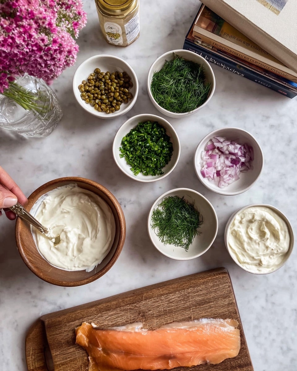 The image shows a spread of ingredients on a white marbled surface, arranged neatly in small white bowls and a wooden board. There are seven bowls, each holding different ingredients: one bowl with thick white sauce with a spoon inside, another with chopped green herbs, a third with fresh dill, one with chopped red onions, one with capers, and one with chopped chives. A large wooden bowl contains creamy white sauce. On the wooden board in the foreground lies a single piece of sliced smoked salmon with a shiny, smooth texture. In the top corner, a woman's hand is about to reach toward the bowl with the thick white sauce. The scene has a cozy and organized feel, with two stacked books and a glass vase of pink flowers in the background. Photo taken with an iphone --ar 4:5 --v 7