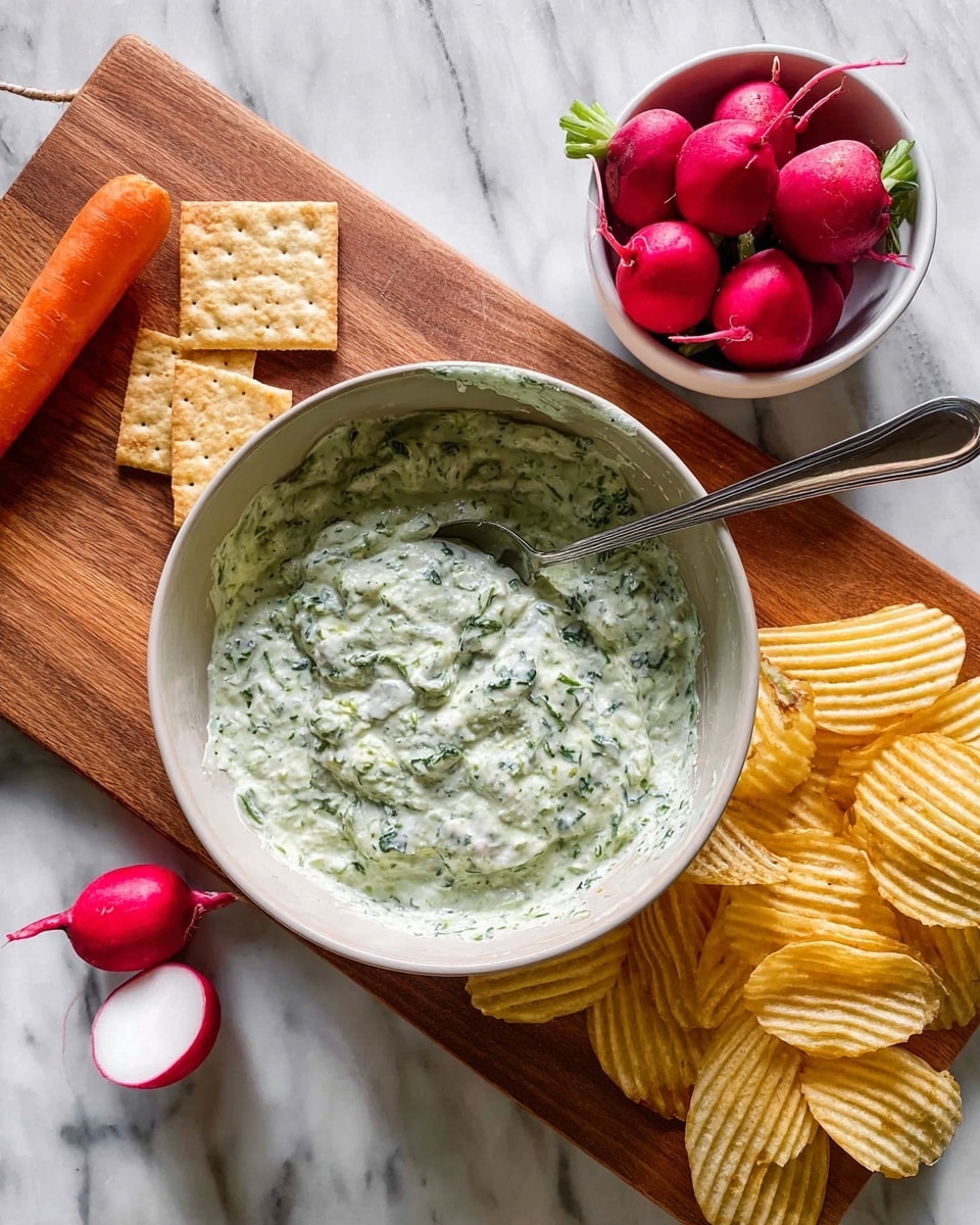 A round white bowl filled with a creamy green herb dip with visible green flecks throughout, a metal spoon resting inside. Around the bowl, on a wooden board, there is a bunch of golden ridged potato chips stacked on the top right, a white bowl filled with bright red radishes to the right, an orange carrot below the radishes, a few square golden salt crackers on the bottom left, and a halved radish showing a white interior near the crackers. The setup is on a white marbled surface. photo taken with an iphone --ar 4:5 --v 7