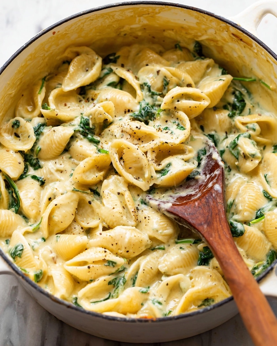 A close-up view of a white pot filled with creamy sauce pasta made of small shell-shaped noodles. The sauce is smooth and thick, light yellow in color, with visible dark green spinach pieces mixed evenly throughout. A wooden spoon is scooping some pasta near the top left, showing the rich and creamy texture of the dish. The sides of the pot have small splashes of sauce, and the surface the pot is on has a white marbled texture. photo taken with an iphone --ar 4:5 --v 7