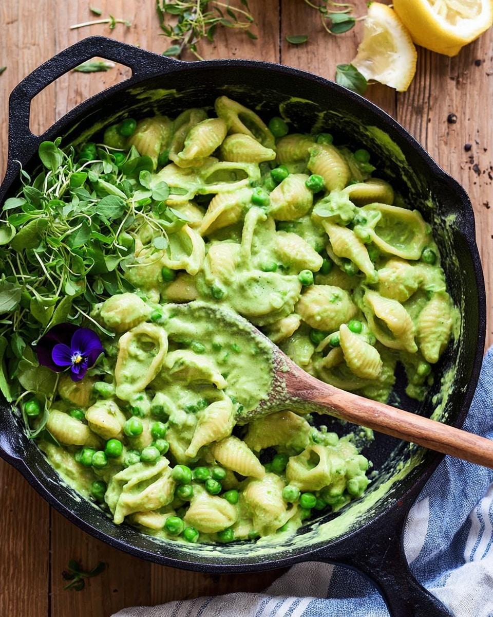 A close-up view of green pasta shells coated in a creamy green sauce, arranged in a single layer inside a white bowl with a brown rim, topped with fresh pea shoots and whole green peas scattered unevenly on top, with thin strands of yellow lemon zest adding a pop of color. A silver fork rests in the bowl near the top edge, and in the background, a halved lemon and some fresh greens sit on a wooden surface. The whole scene is set on a white marbled texture surface photo taken with an iphone --ar 4:5 --v 7