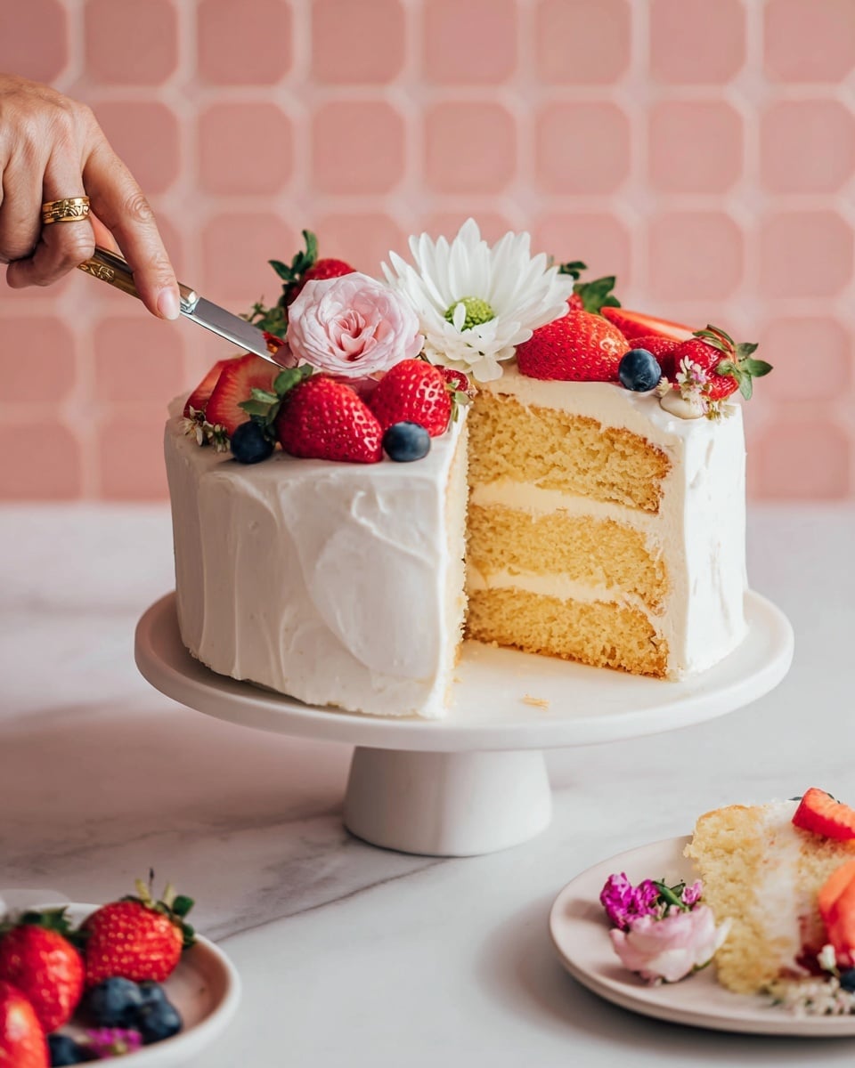 A two-layer white cake is shown with light yellow sponge layers and white cream filling and frosting all over. The top of the cake is decorated with whole and halved bright red strawberries, small dark blueberries, a large white flower, and a small pink rose. A woman's hand with a gold ring is holding a cake server, lifting one slice from the cake on a white cake stand. Next to the cake, there is a small white plate with a slice of the cake topped with strawberries, blueberries, and a small pink rose. The surface is a white marbled texture and the background is pink tiled. Photo taken with an iphone --ar 4:5 --v 7