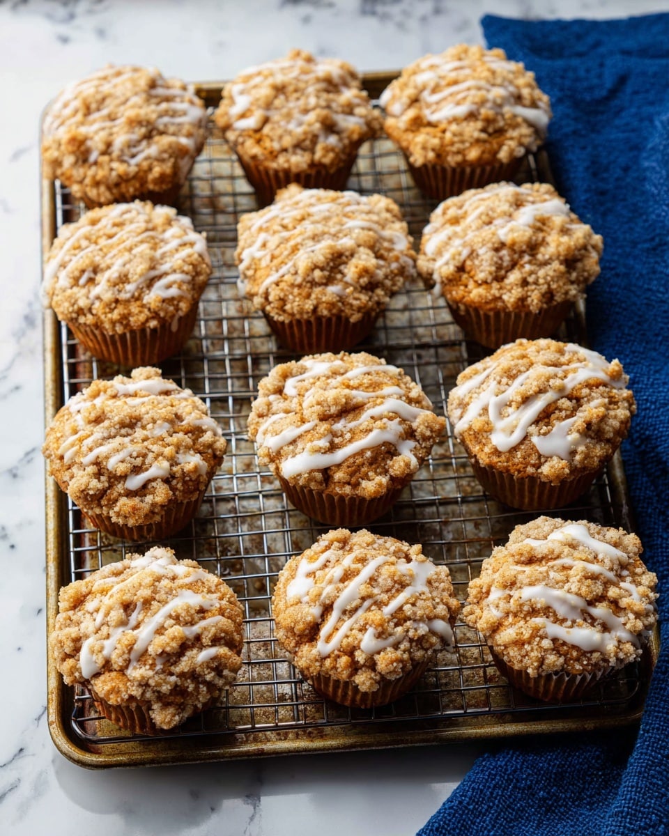 The image shows eleven crumbly muffins with a light golden-brown crumb topping, each drizzled with white icing on top. The muffins have a rough texture from the crumb layer and are lined up on a metal cooling rack placed on a baking tray. There is a blue cloth partially visible on the bottom right and top right edges. The tray sits on a white marbled surface. photo taken with an iphone --ar 4:5 --v 7