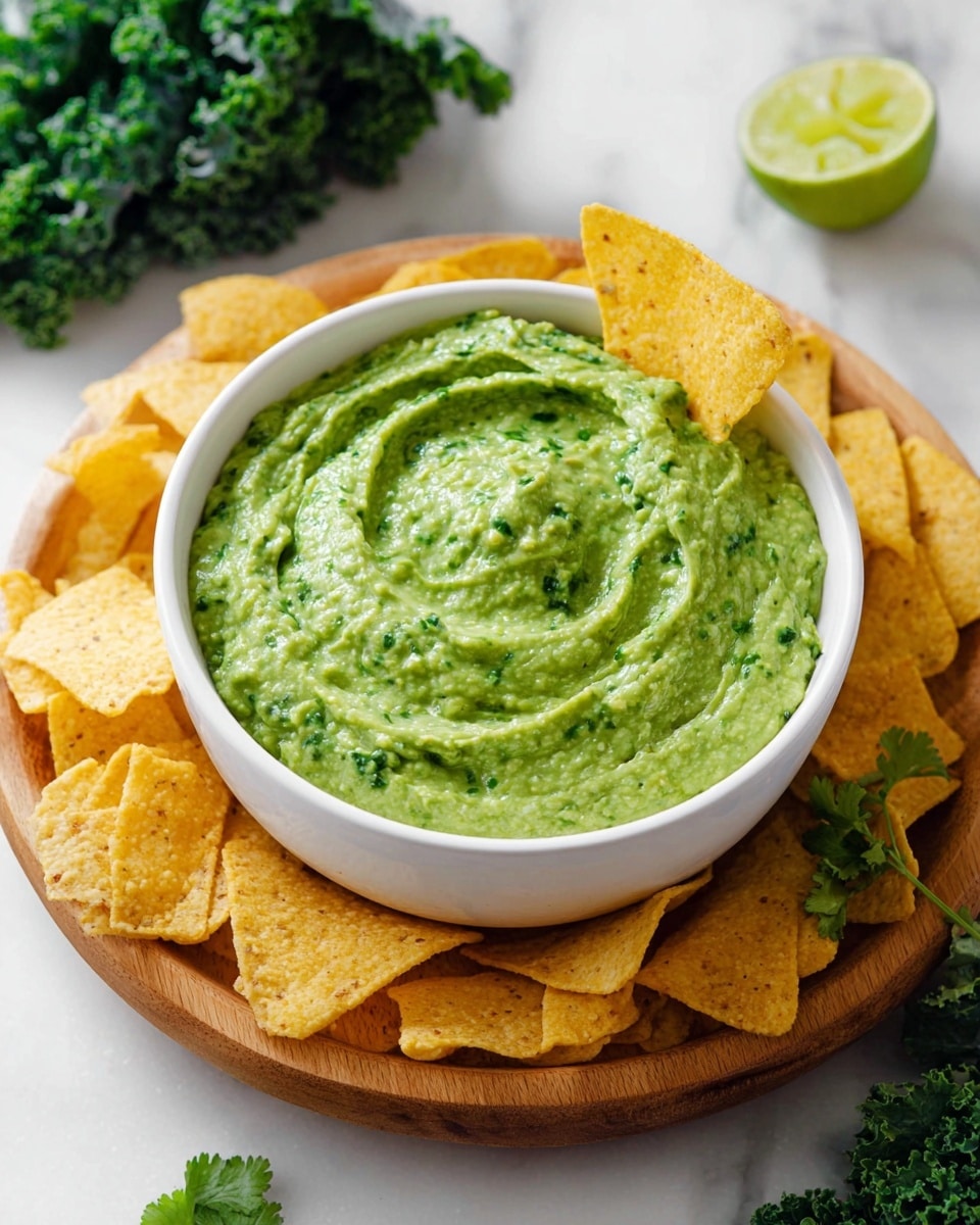 A close-up of a triangular yellow corn chip with some small brown spots is shown being held by a woman's hand on the left side of the image. The chip is dipped into a thick, creamy green guacamole with visible small pieces of herbs and avocado chunks. The guacamole is inside a white bowl, which sits on a white marbled surface with a blurred wooden item in the background. Photo taken with an iphone --ar 4:5 --v 7