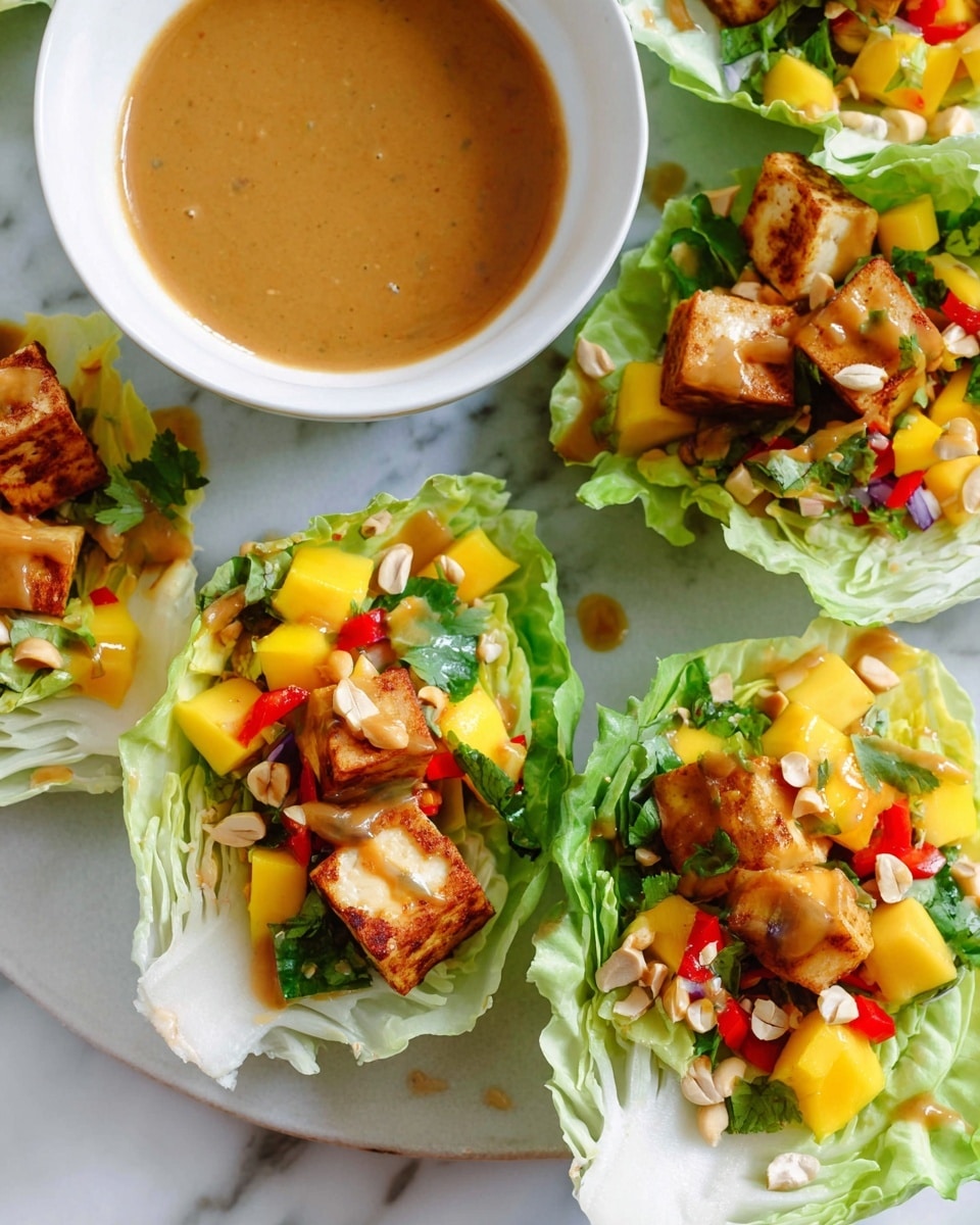 The image shows several white cabbage leaves used as cups, each filled with bright yellow mango pieces, small red bell pepper chunks, and green herbs as the first layer. On top of this colorful base, there are golden brown fried tofu cubes drizzled with a light brown sauce. The dish is finished with scattered light brown chopped nuts and coconut flakes for texture. A white bowl with the same light brown sauce is placed nearby on a white marbled surface. The presentation is fresh and vibrant, with a close-up view emphasizing the crisp cabbage texture and colorful ingredients photo taken with an iphone --ar 4:5 --v 7