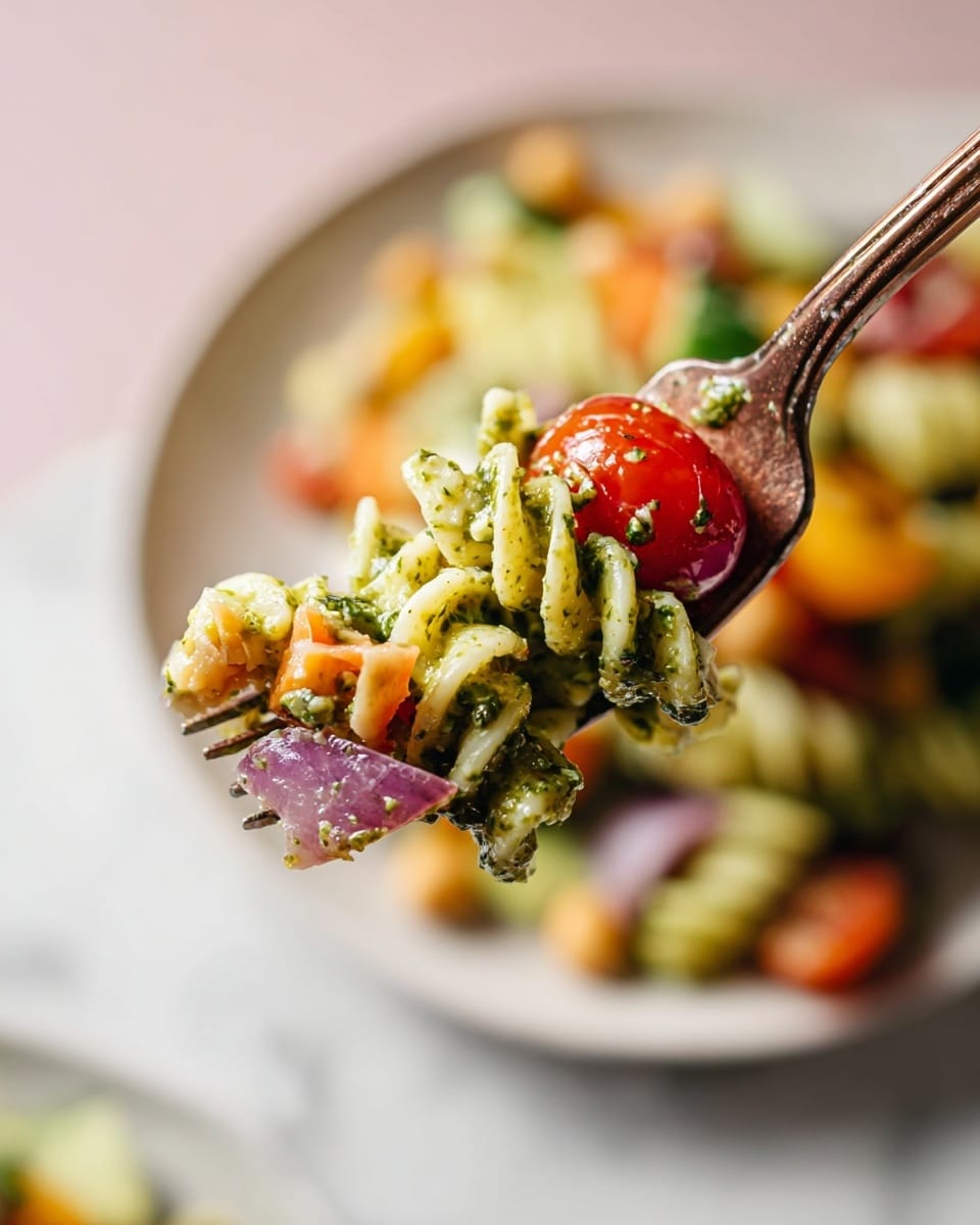 A close-up of a fork holding a bite of pasta salad with three layers: the first layer shows spiral pasta coated in green pesto sauce, the second layer has bright red cherry tomato pieces and chunks of purple onion, and the third layer contains small orange chickpeas and bits of green cucumber. The background shows a white plate with more pasta salad, set on a white marbled surface. Photo taken with an iphone --ar 4:5 --v 7